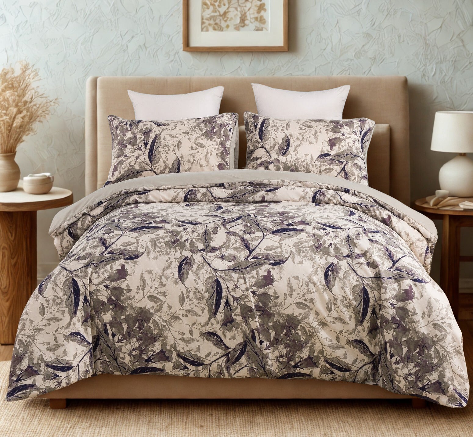 Tache Microfiber Abstract Wispy Leaf Taupe Grey Duvet Cover (JHW-843)-0
