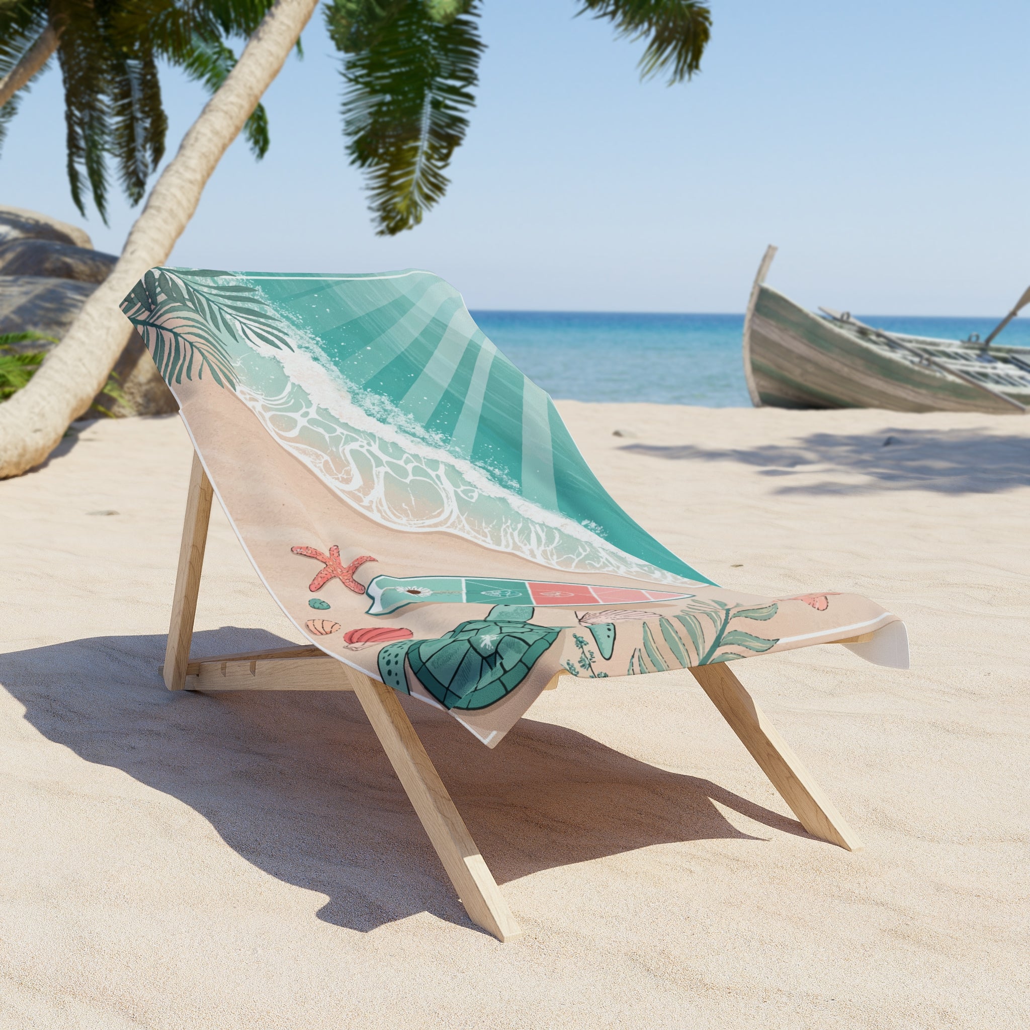 Tropical Beach Towel with Surfboard and Turtle Design – Perfect for Summer and Beach Days