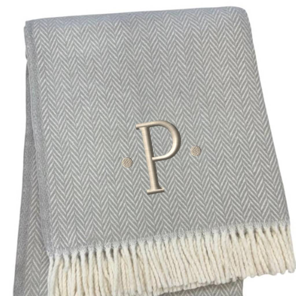 55" X 70" Gray And White Herringbone Cotton Blend P Initial Throw Blanket with Tassels And Embroidery-4