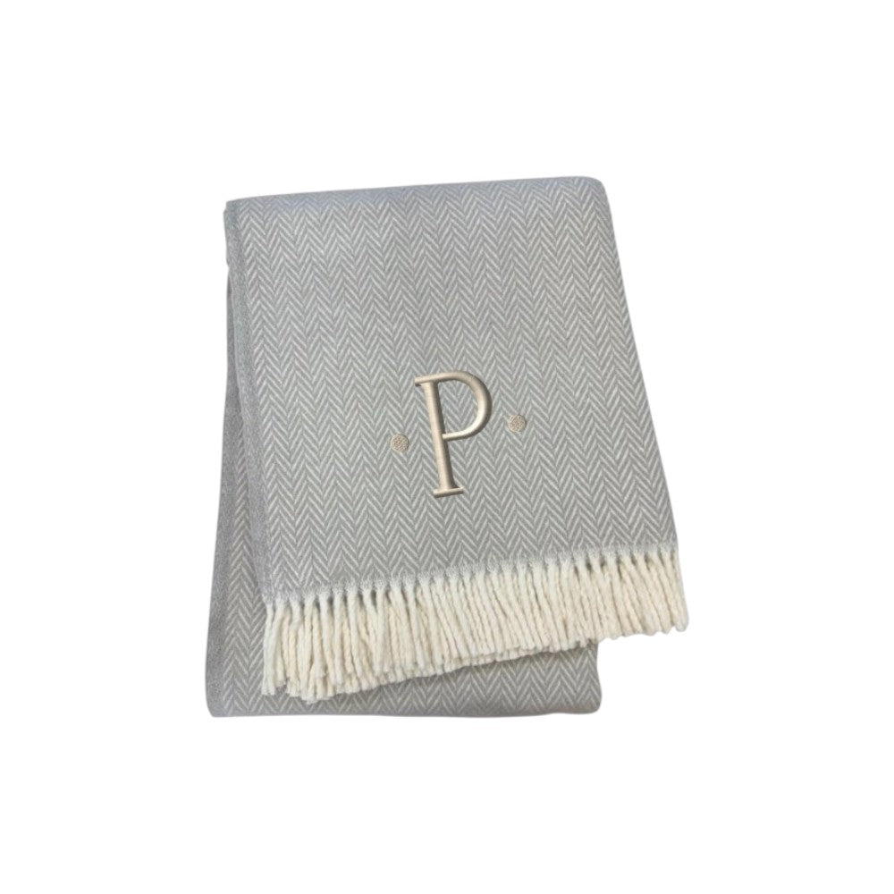 55" X 70" Gray And White Herringbone Cotton Blend P Initial Throw Blanket with Tassels And Embroidery-0
