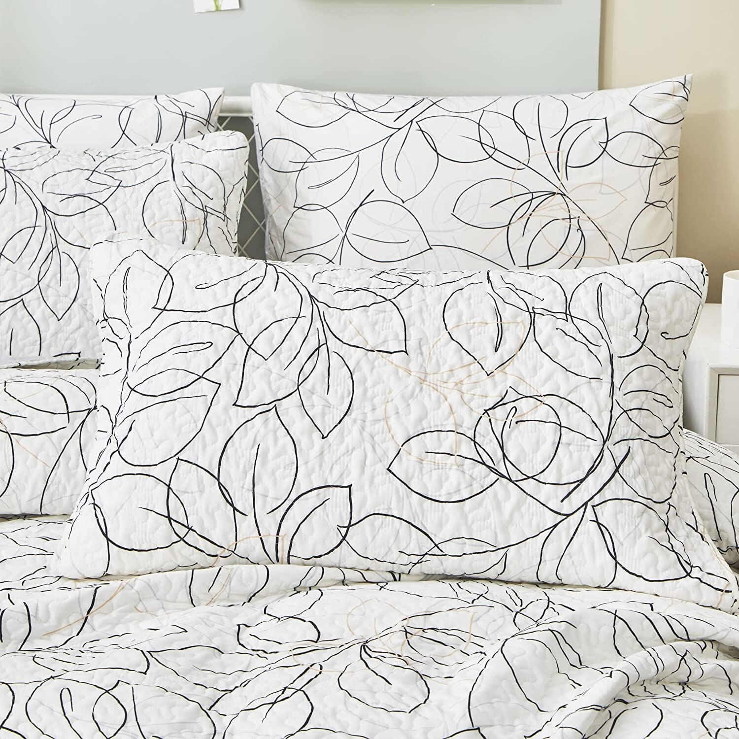 Tache Modern Abstract Leaf Line Art Foliage White Grey Black Gold Pillow Shams (TJ3571)-2
