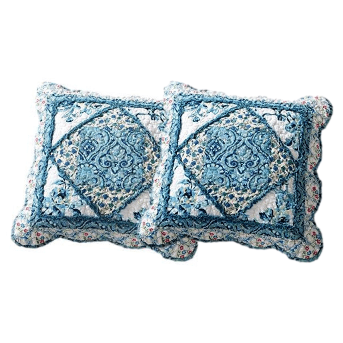 Tache Cotton Patchwork White Blue Floral Scalloped Petal Dance Cushion Covers / Euro Sham (JHW-646)-2