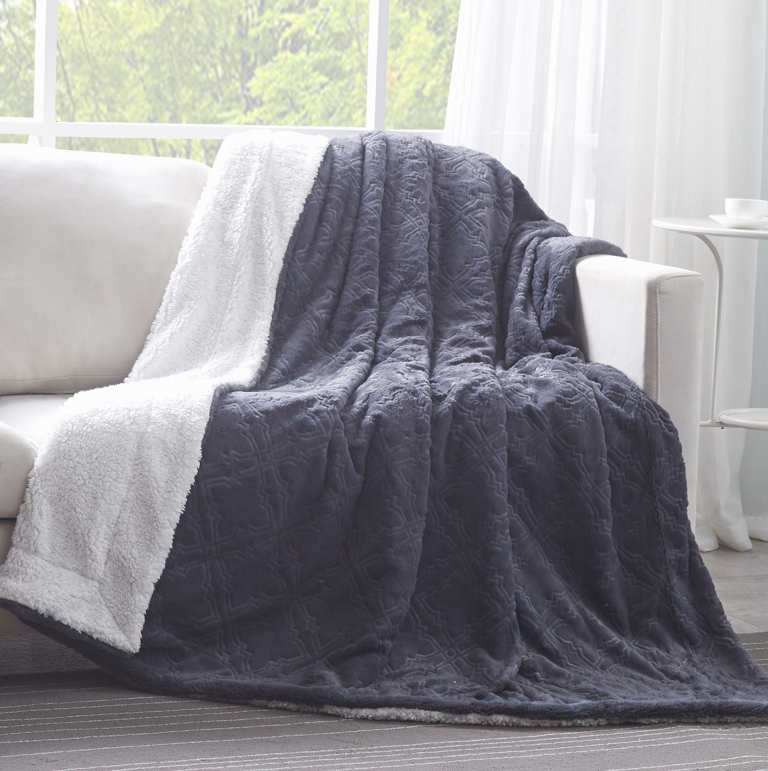Tache Faux Fur Steel Navy Blue Diamond Trellis Pattern Throw Blanket (3390)-0