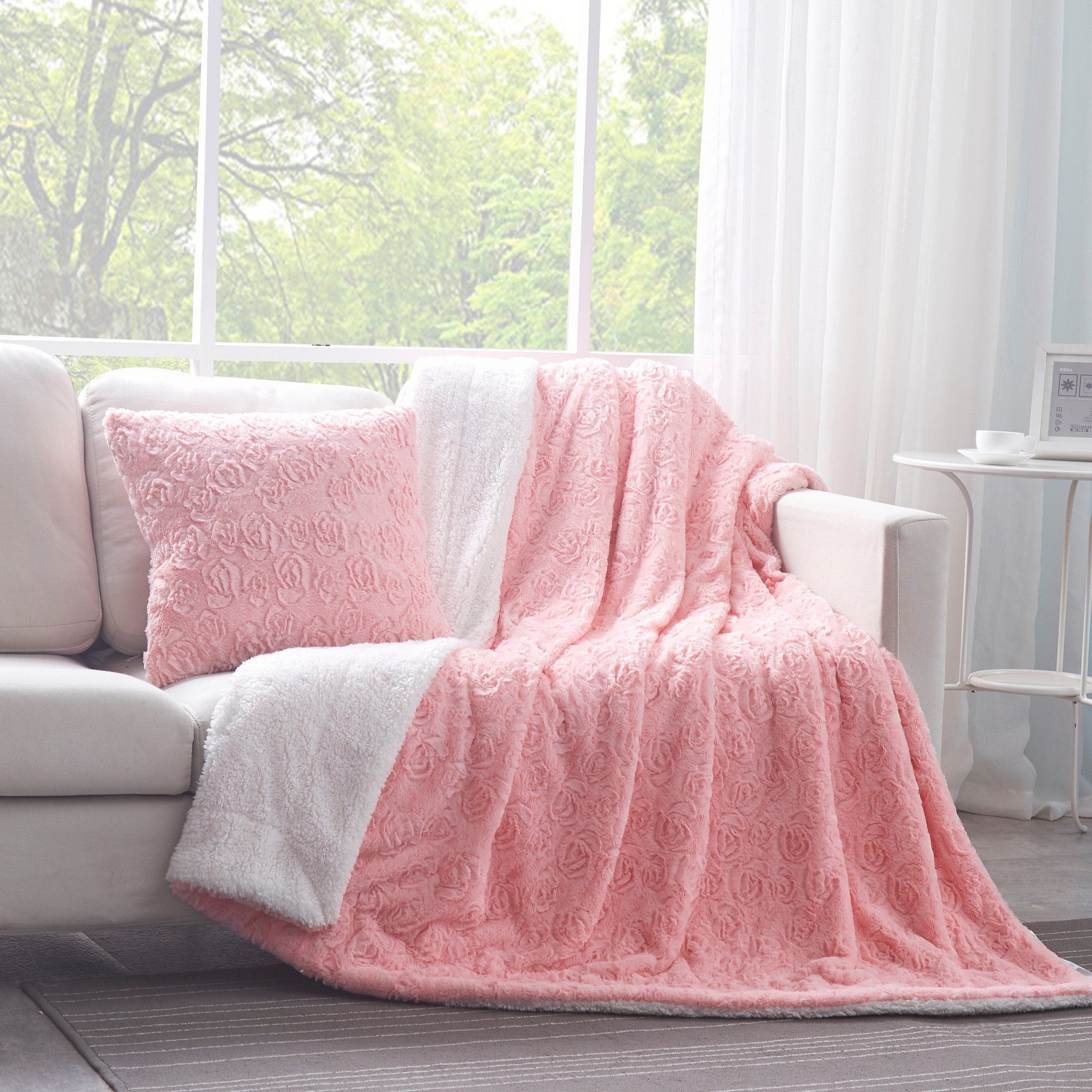 DaDa Bedding Rosey Pastel Blossom Pink Faux Fur Euro Throw Pillow