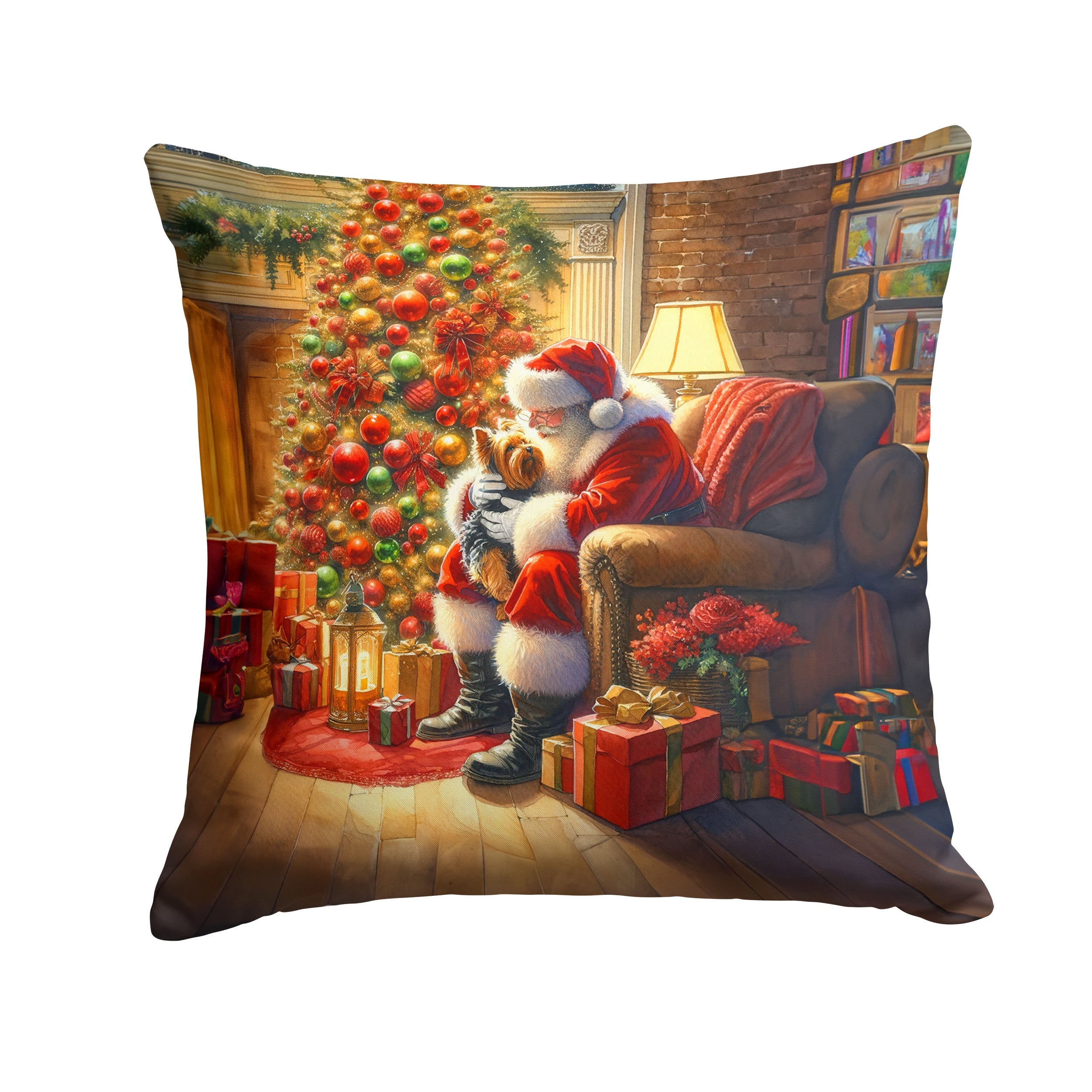 Yorkshire Terrier Yorkie and Santa Claus Throw Pillow-0