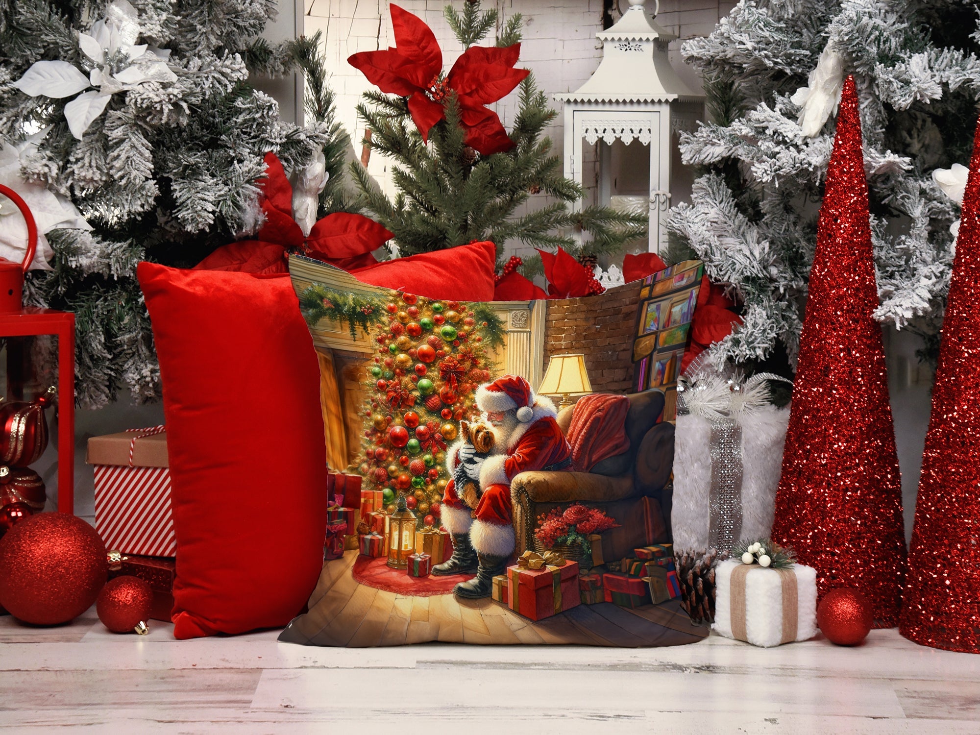 Yorkshire Terrier Yorkie and Santa Claus Throw Pillow-1