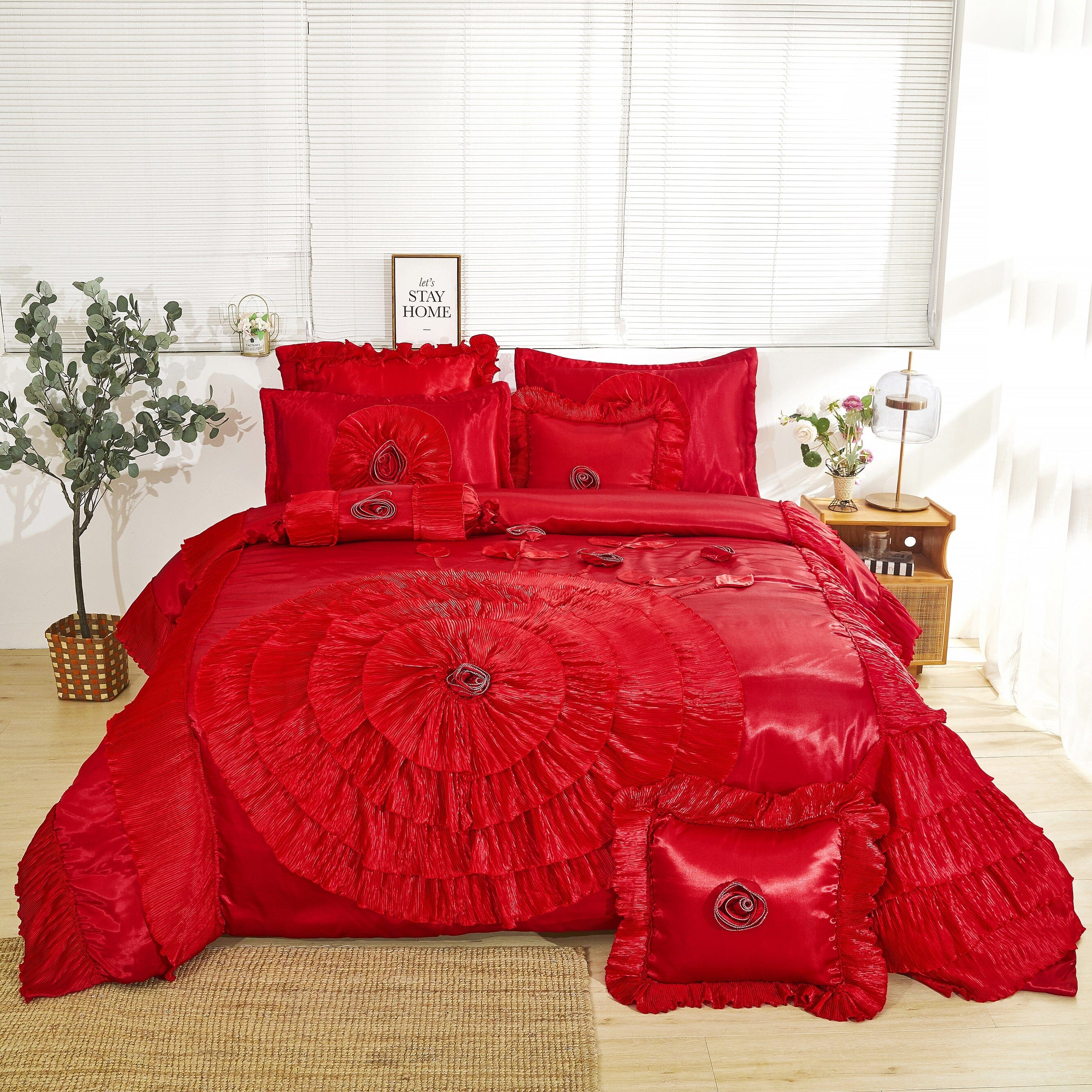 Tache Satin Ruffle Victorian Glam Romantic Red Rose Comforter Set (HY4174)-0