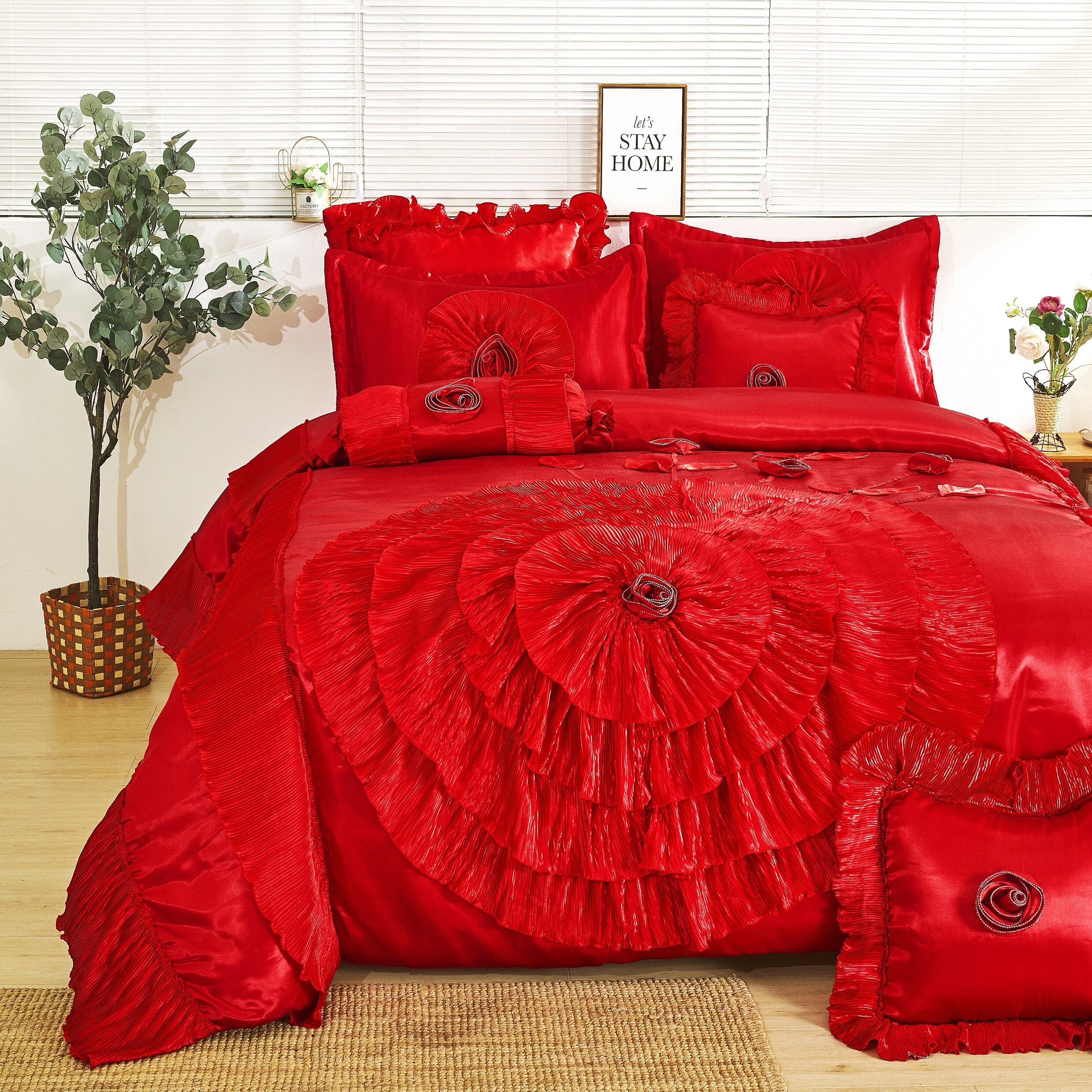 Tache Satin Ruffle Victorian Glam Romantic Red Rose Comforter Set (HY4174)-1