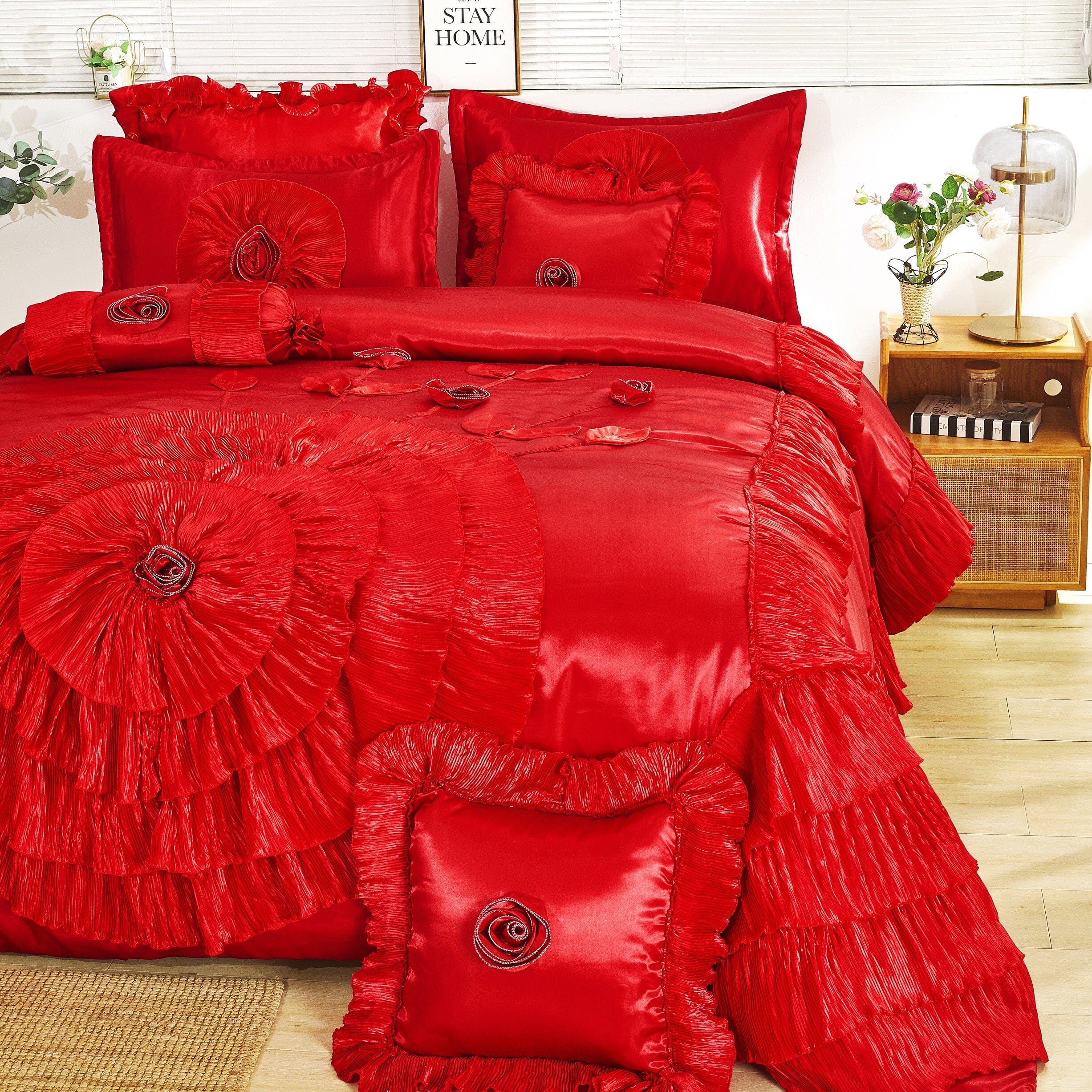 Tache Satin Ruffle Victorian Glam Romantic Red Rose Comforter Set (HY4174)-2