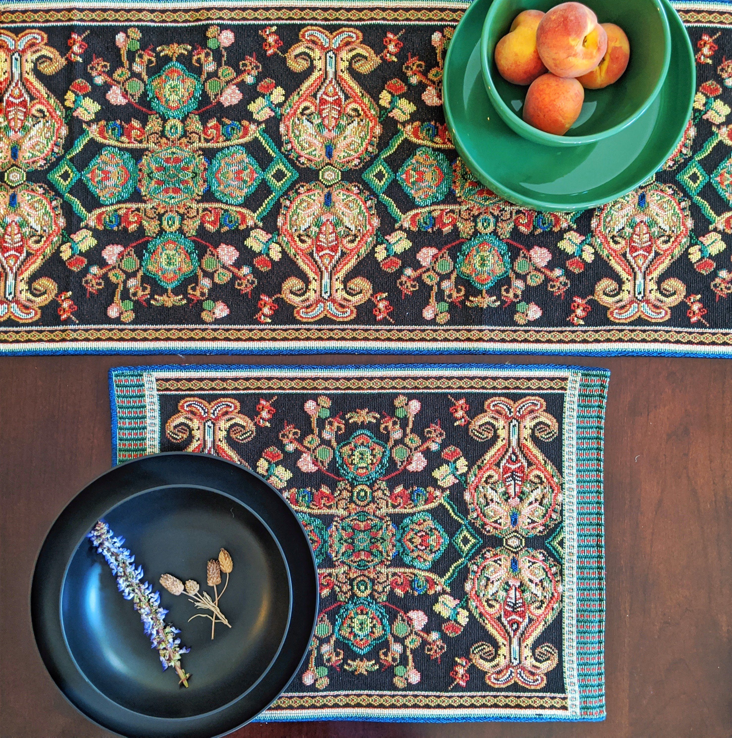 Tache Elegant Black Ornate Paisley Woven Tapestry Placemat Set (18192)-2