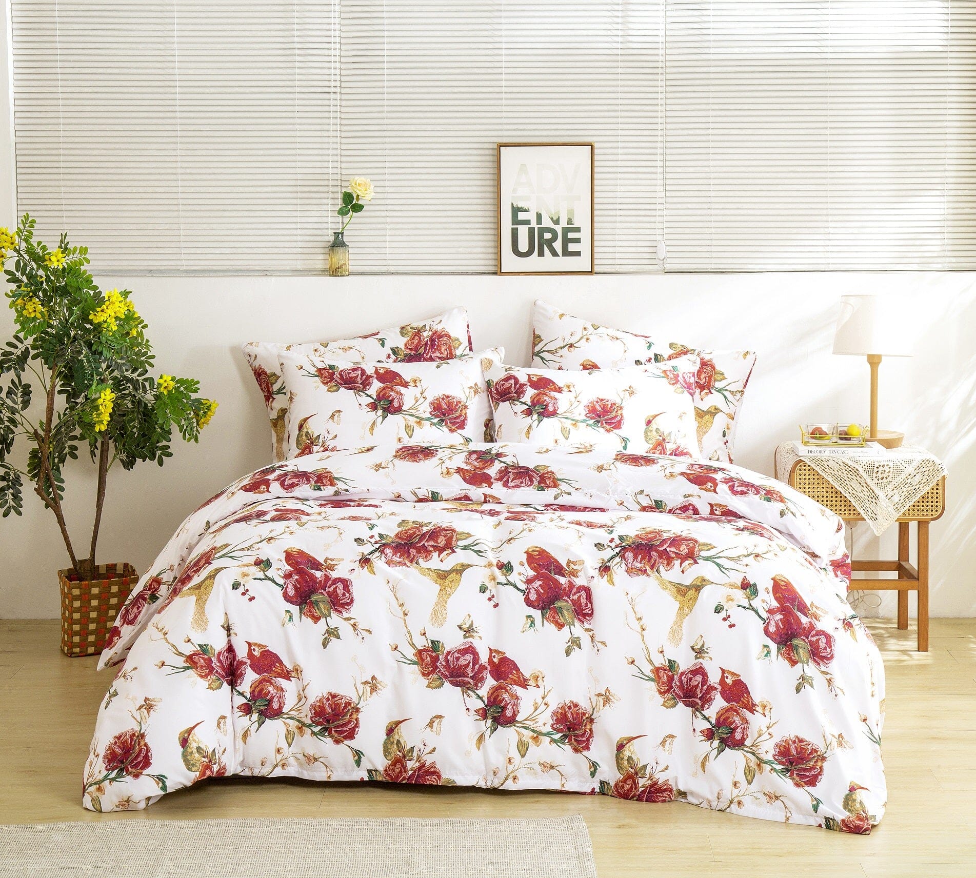 Tache Floral Hummingbirds Burgundy White Vintage Rose Garden Reversible Duvet Cover (SD-7676)-0