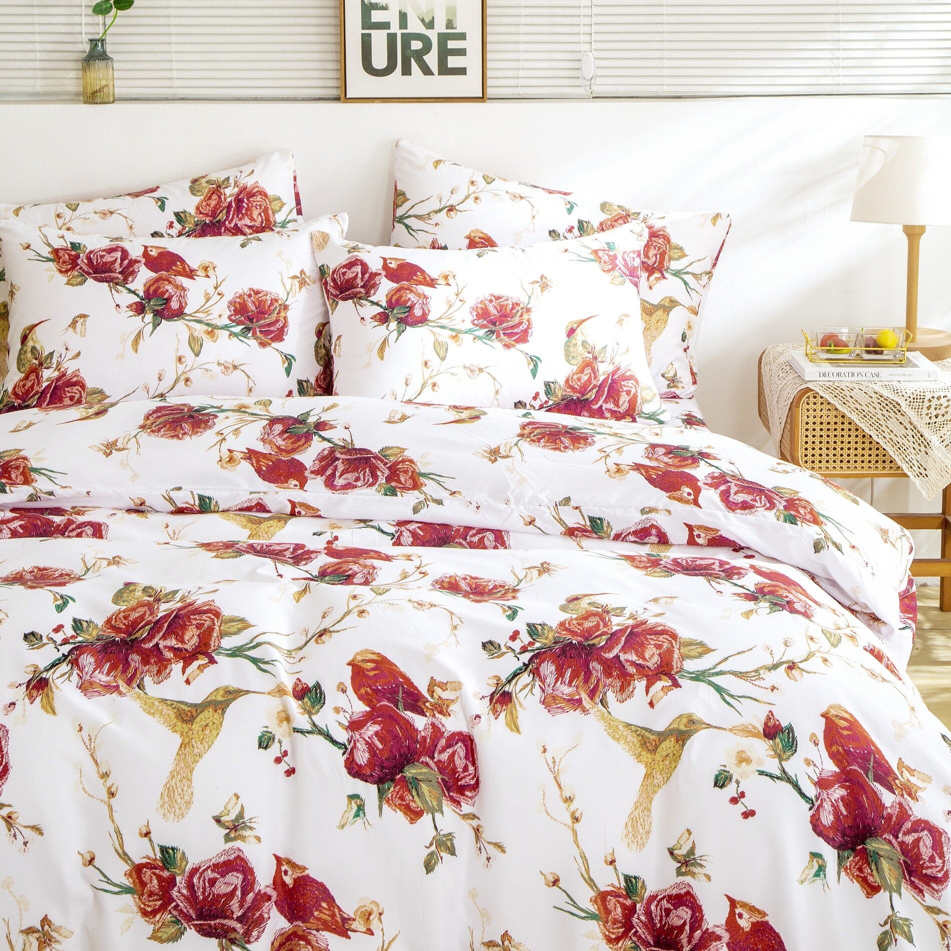 Tache Floral Hummingbirds Burgundy White Vintage Rose Garden Reversible Duvet Cover (SD-7676)-1