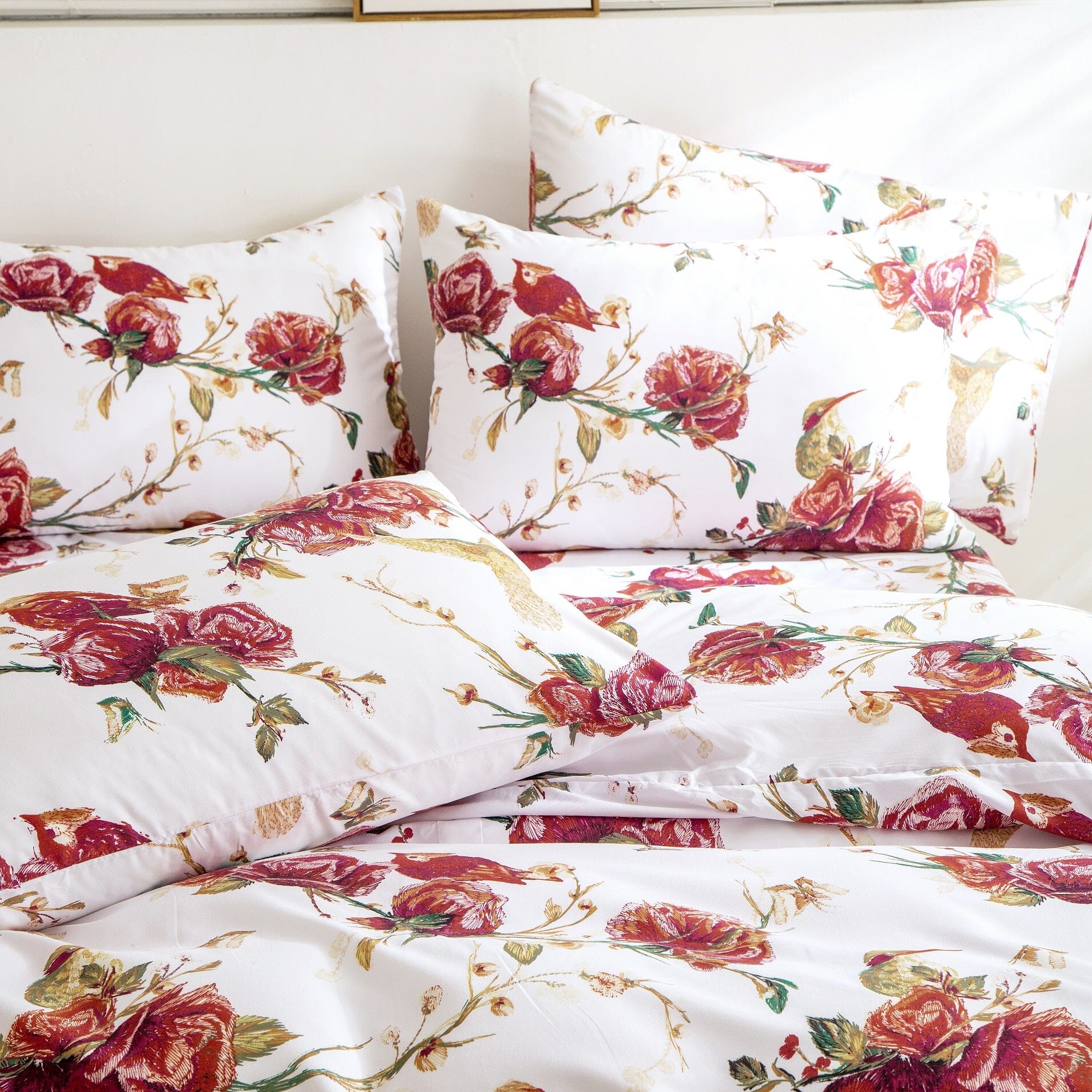 Tache Floral Hummingbirds Burgundy White Vintage Rose Garden Reversible Duvet Cover (SD-7676)-3