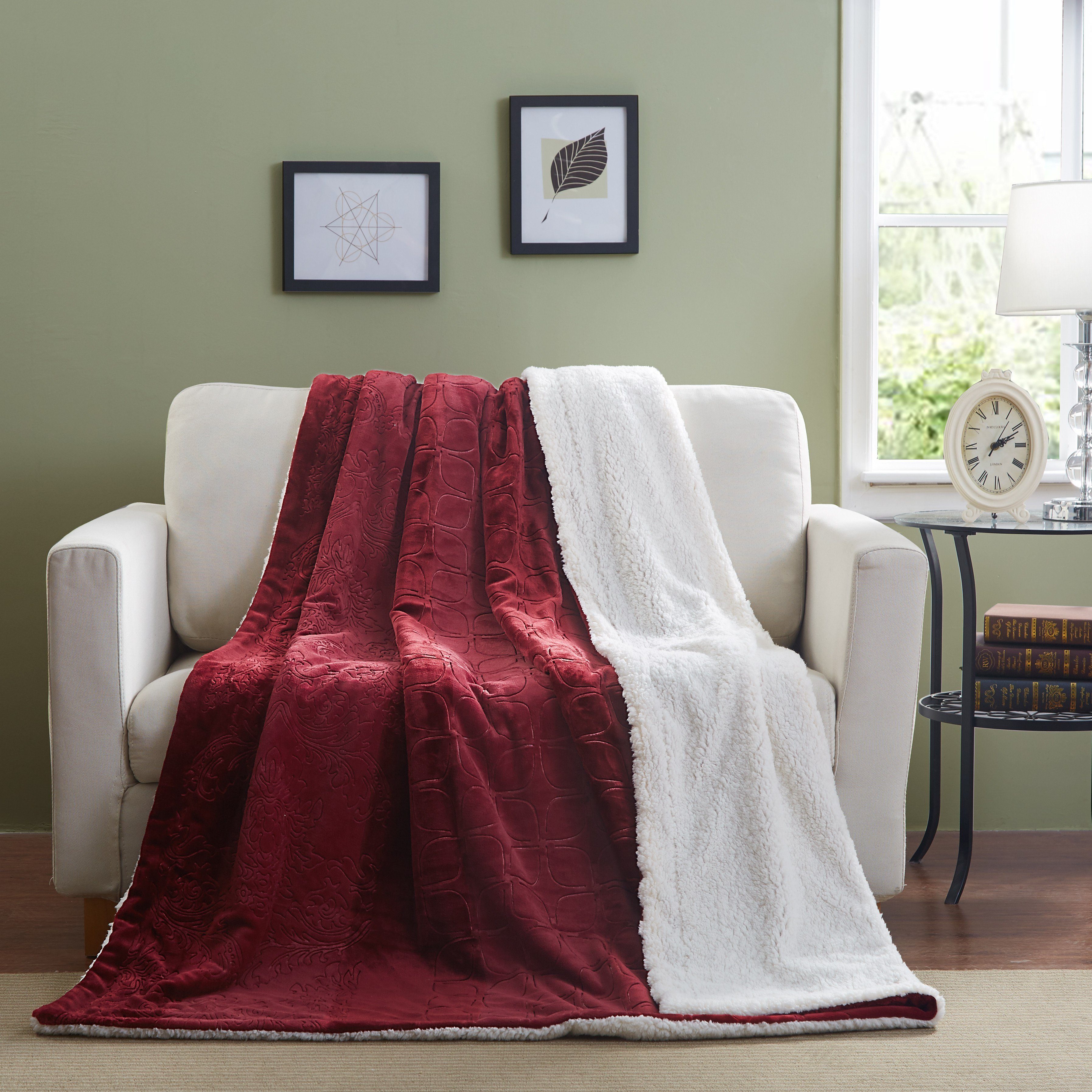 Tache Solid Embossed Merlot Red Reversible Sherpa Throw Blanket (62087)-0