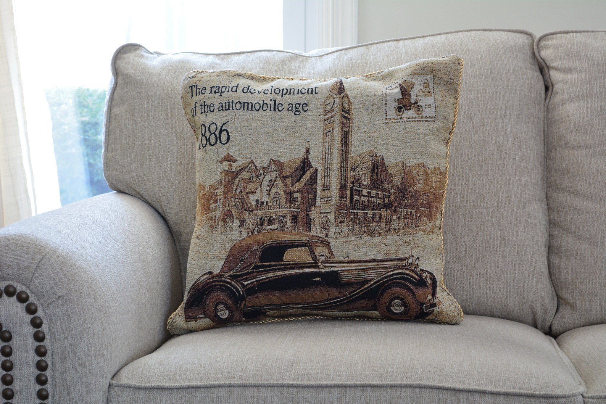 Tache Drive Benz into Town Big Ben London Postcard Vintage Throw Pillow Cover (16543)-2