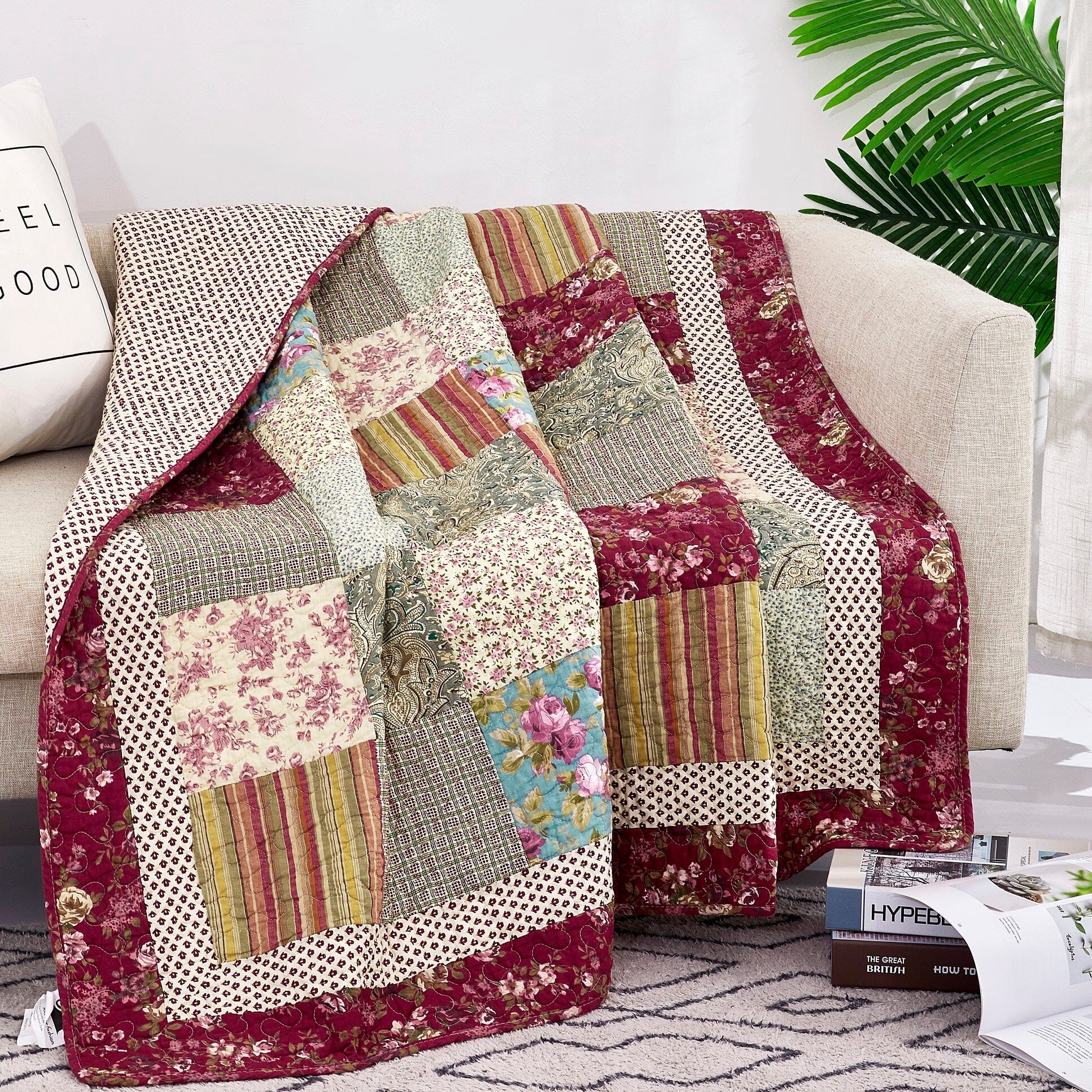 Tache Fairy Tale Tea Party Beige Burgundy Paisley Floral Cotton Patchwork Quilted Throw Blanket (DXJ103443)-0