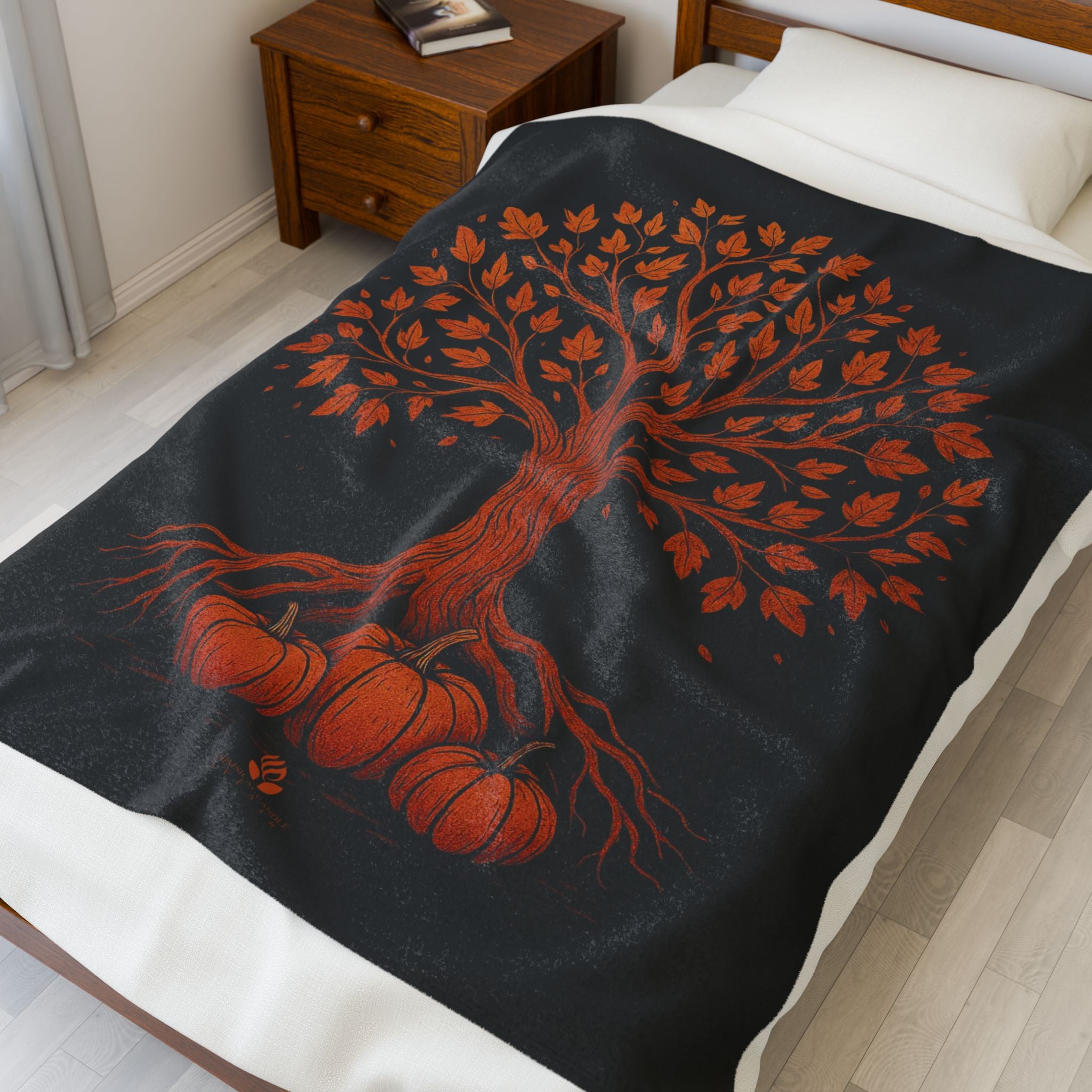 Plush Blanket - Autumn Maple Tree and Pumpkins Design