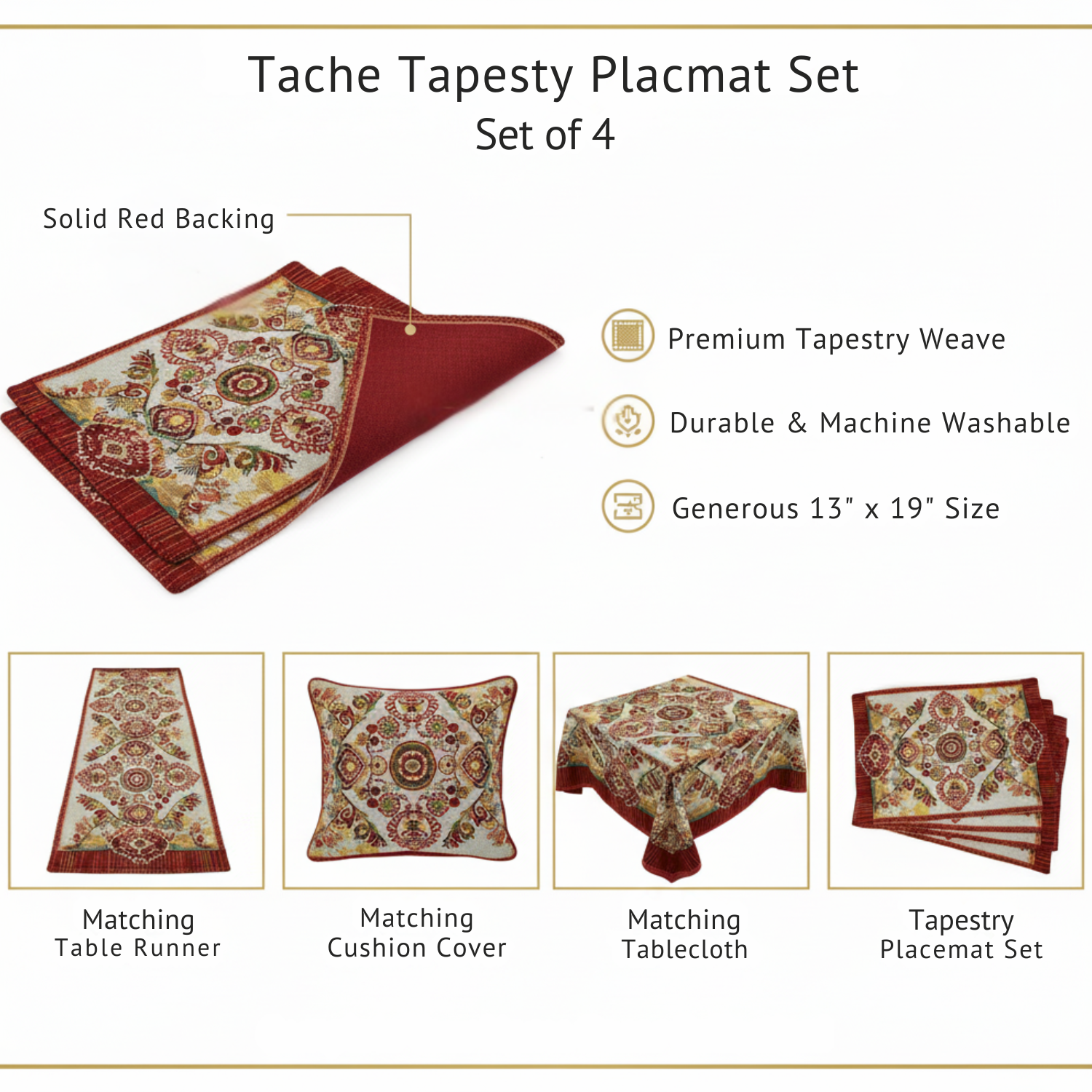 Tache Elegant Burgundy Ornate Paisley Woven Tapestry Placemat Set (18194)-2