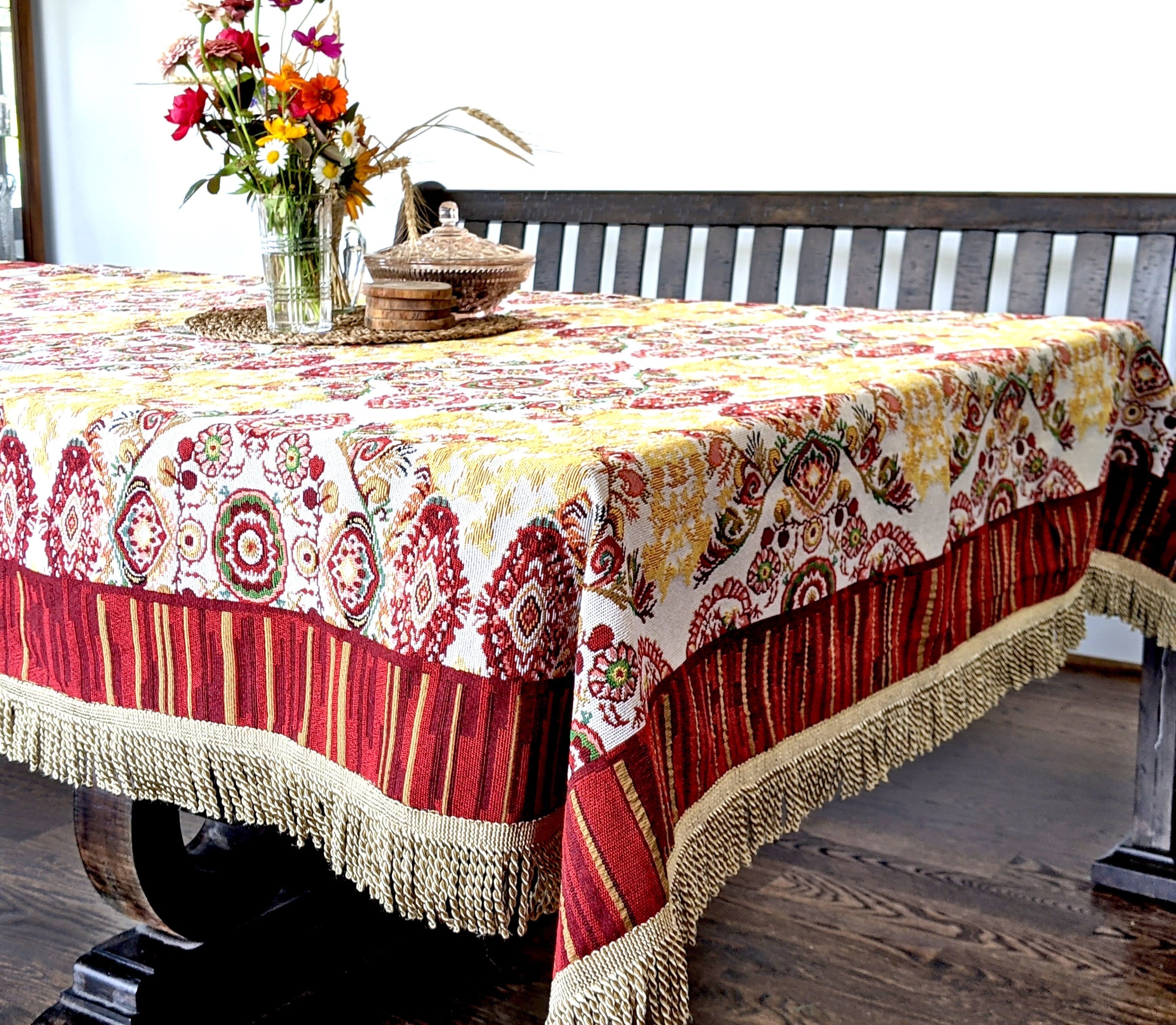 Tache Elegant Burgundy Ornate Paisley Woven Tapestry Tablecloth (18194)-0