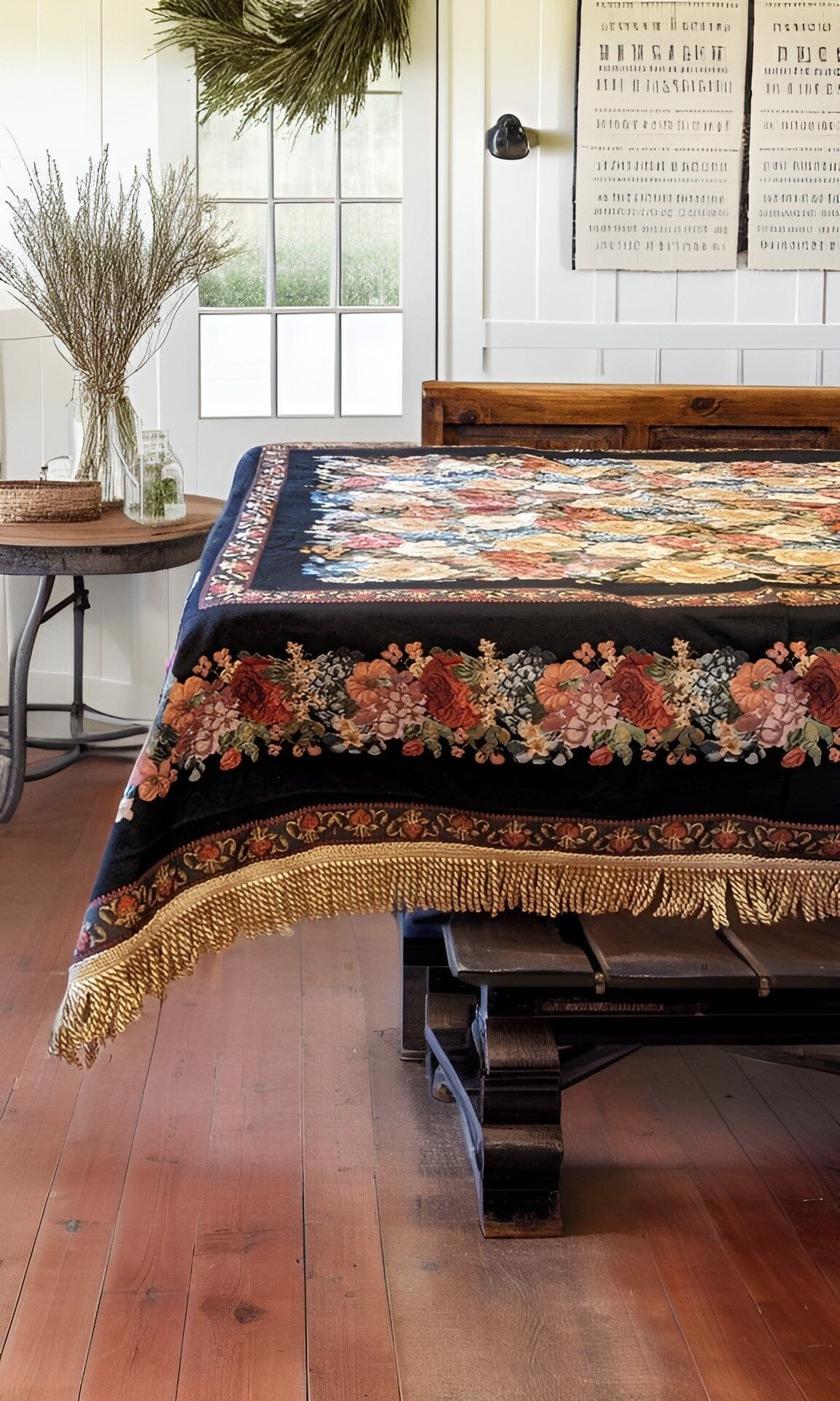 Tache Country Rustic Floral Black Midnight Awakening Tablecloth (3089BL)-1