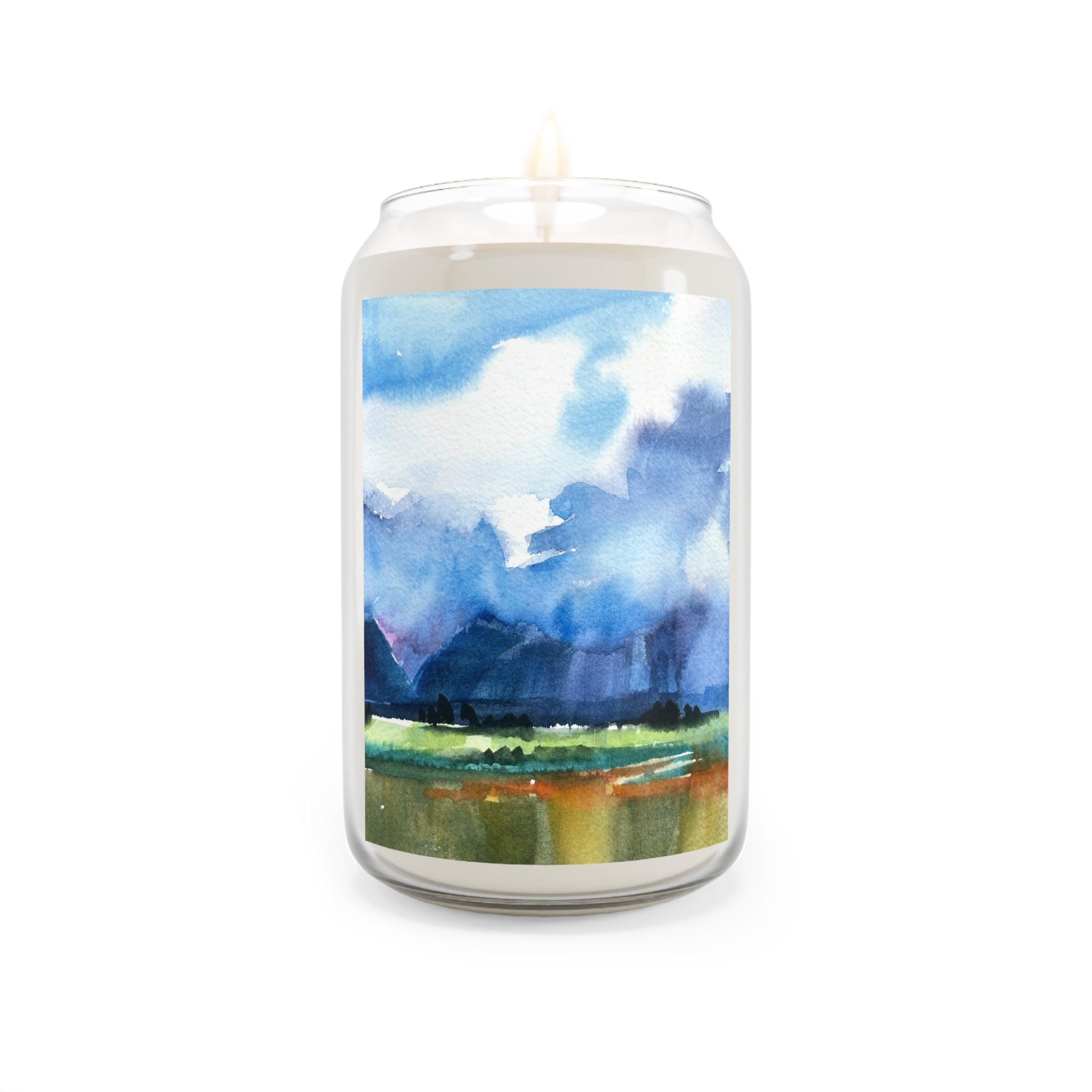 13.75oz Eco-Friendly Scented or Unscented Soy Wax Candle Jar with 'Tranquil Mountain View 4' Landscape Watercolor Artwork by American Artist Barbara Cleary