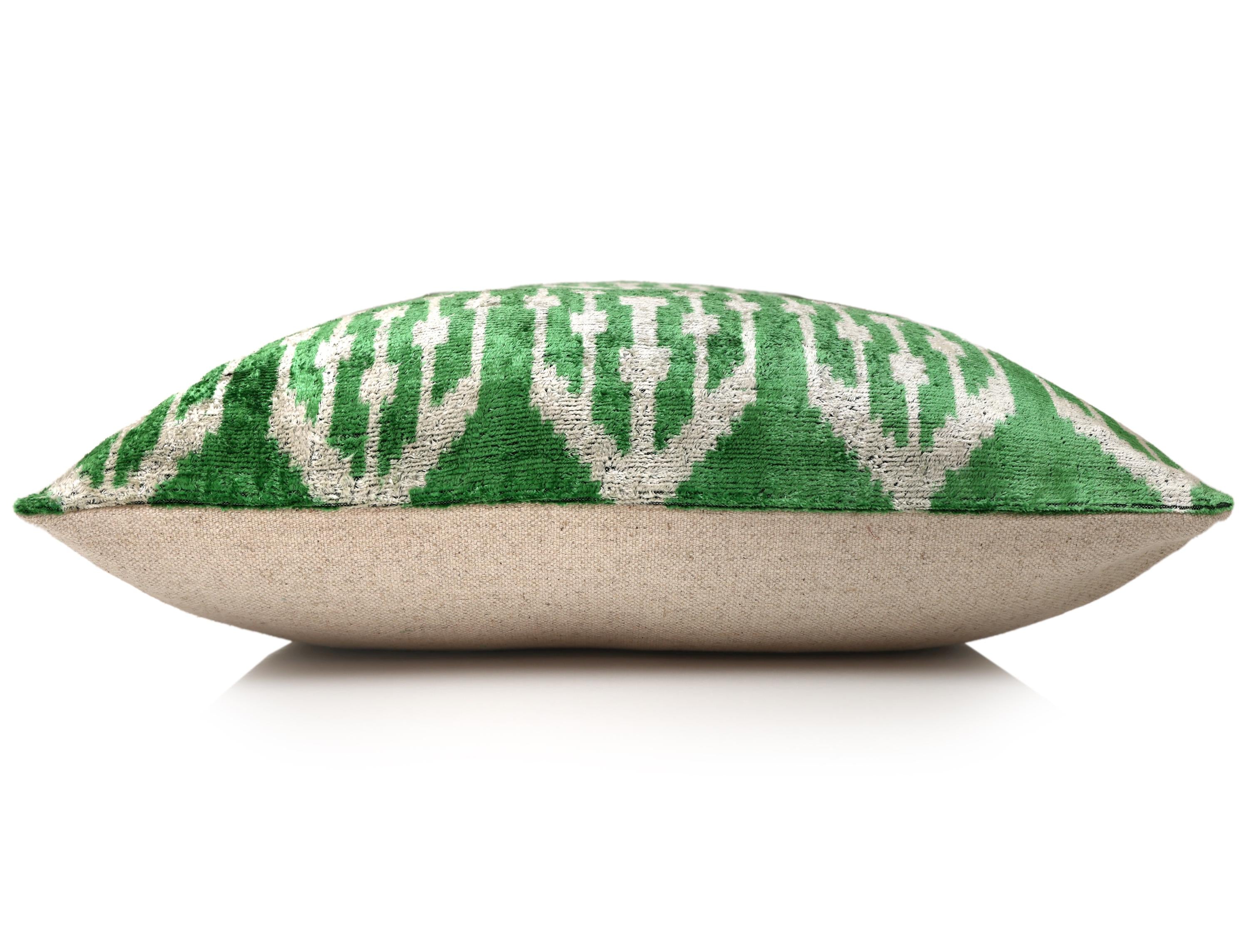 Handwoven Green Ikat Silk Velvet Pillow 20x20 Inch | Luxury Organic Decorative Throw Pillow-3