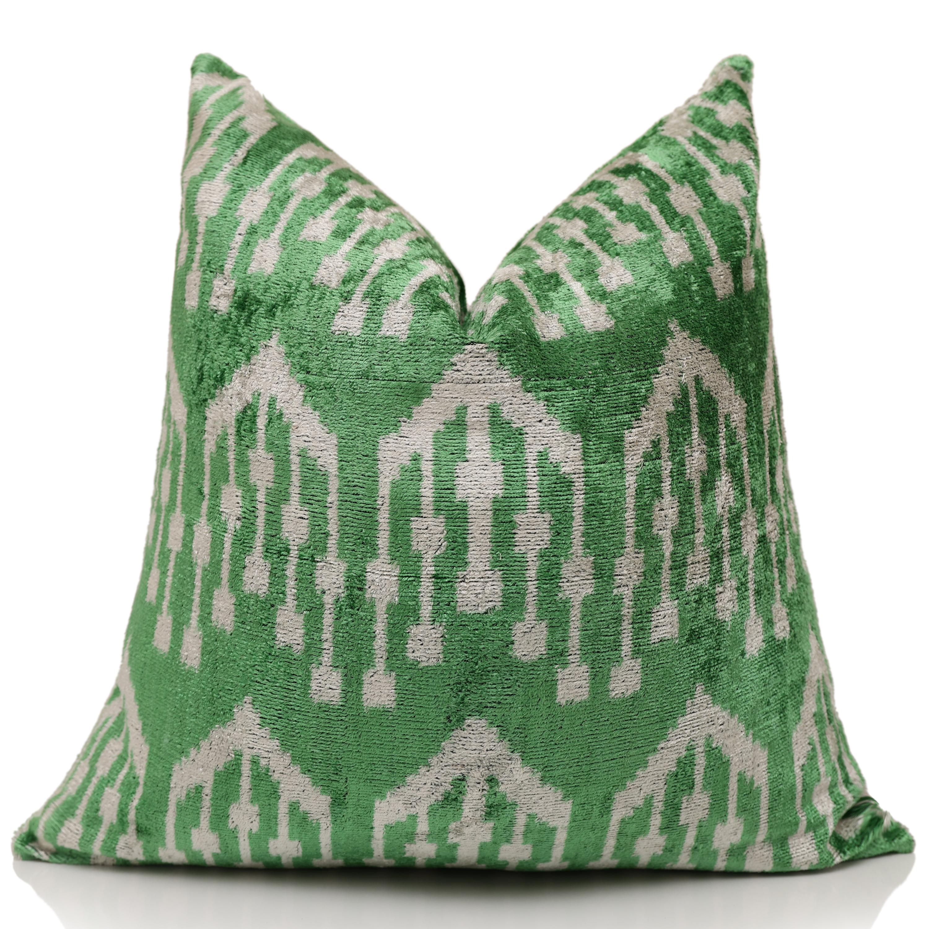 Handwoven Green Ikat Silk Velvet Pillow 20x20 Inch | Luxury Organic Decorative Throw Pillow-0
