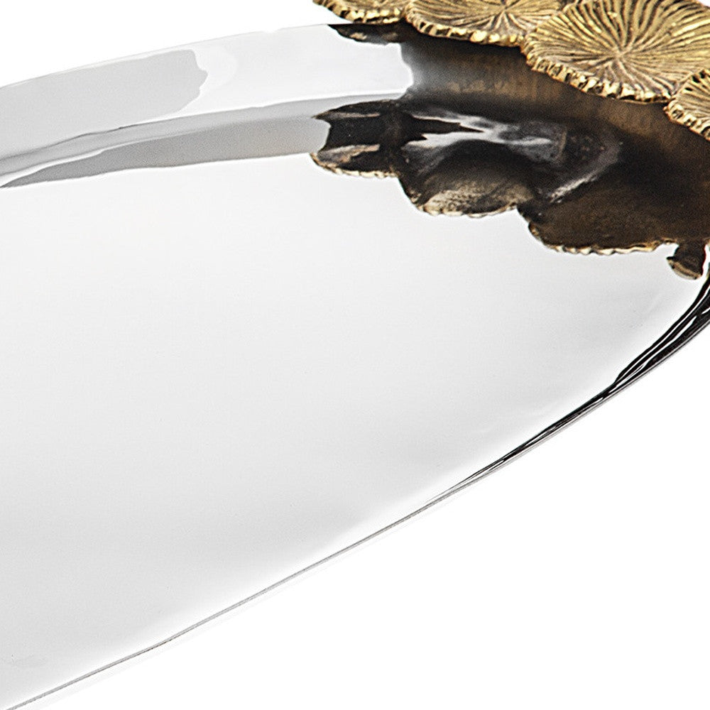 20" Silver And Gold Oval Stainless Steel Handmade Serving Tray With Handles-3