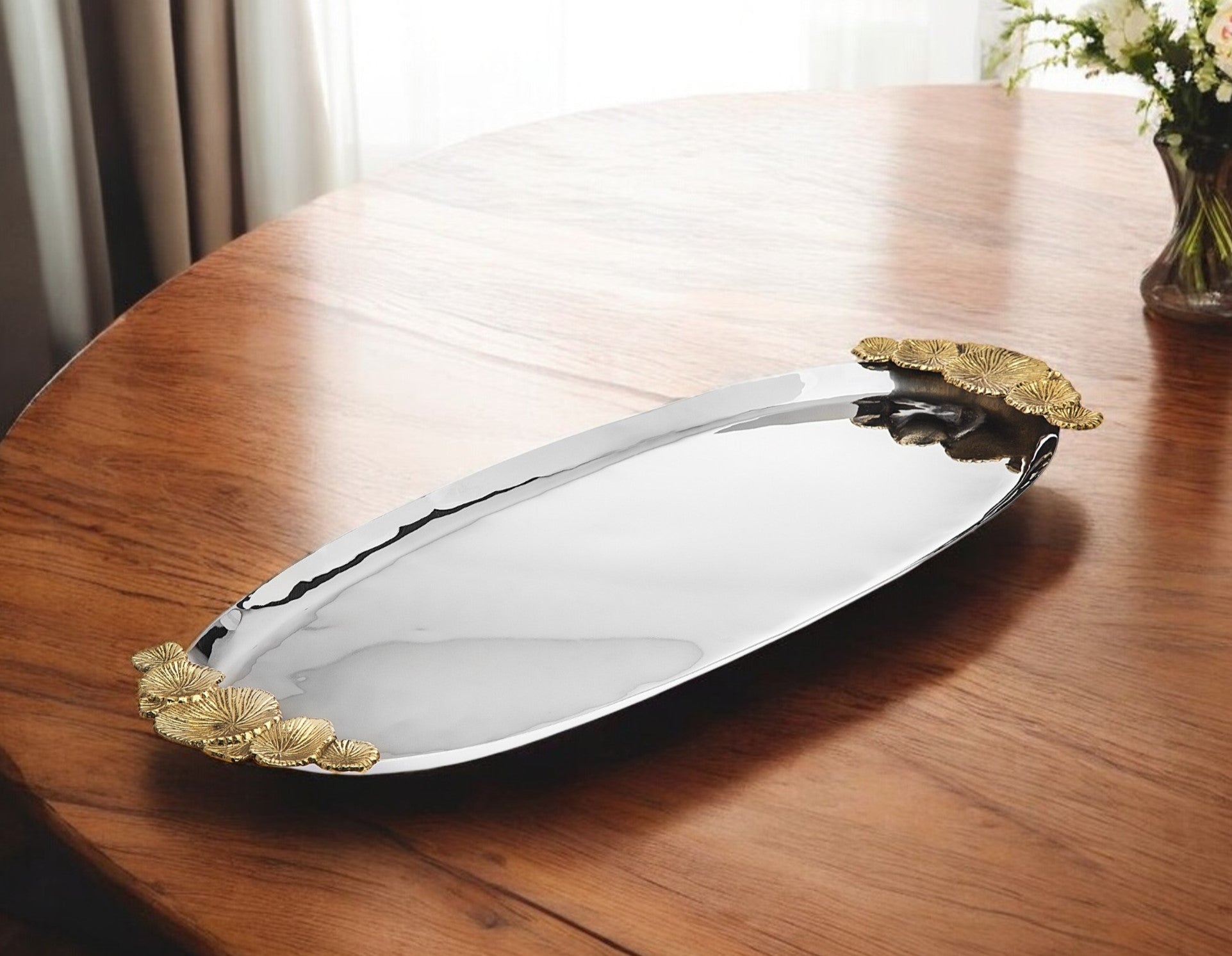 20" Silver And Gold Oval Stainless Steel Handmade Serving Tray With Handles-0