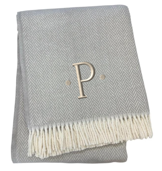 55" X 70" Gray And White Herringbone Cotton Blend P Initial Throw Blanket with Tassels And Embroidery-2