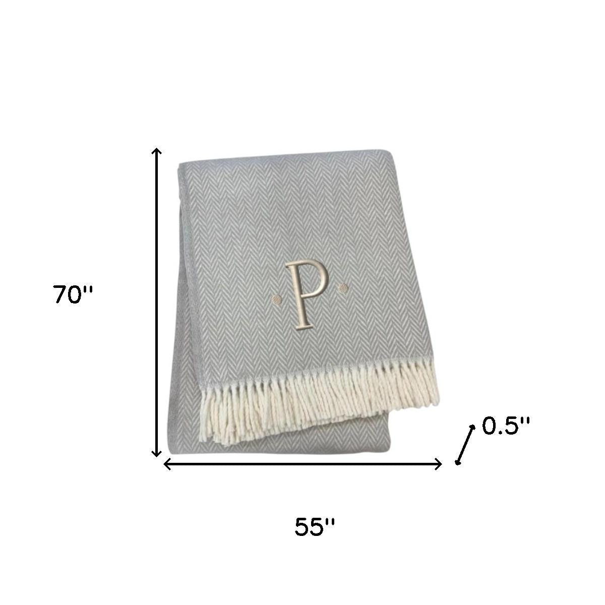 55" X 70" Gray And White Herringbone Cotton Blend P Initial Throw Blanket with Tassels And Embroidery-5