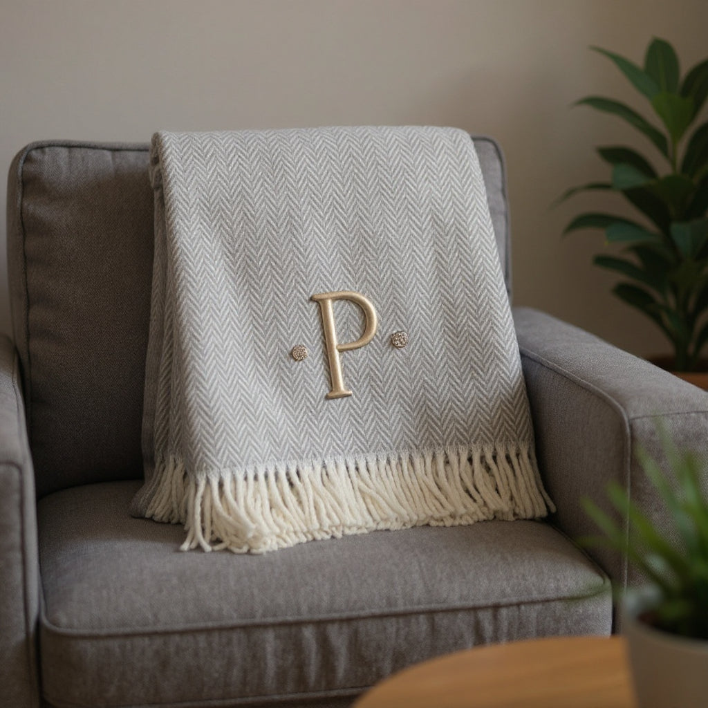 55" X 70" Gray And White Herringbone Cotton Blend P Initial Throw Blanket with Tassels And Embroidery-1