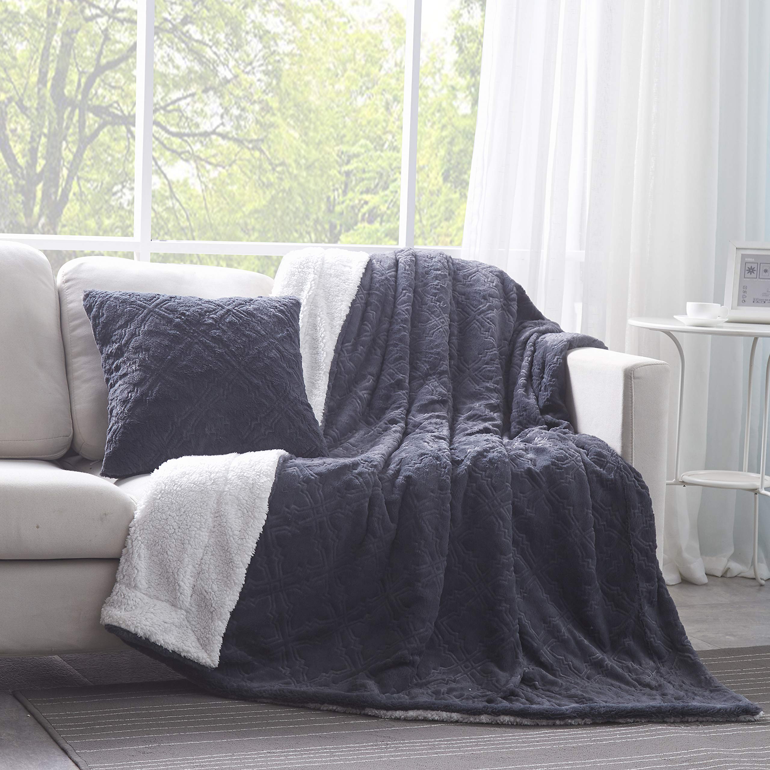 Tache Faux Fur Steel Navy Blue Diamond Trellis Pattern Throw Blanket (3390)-2