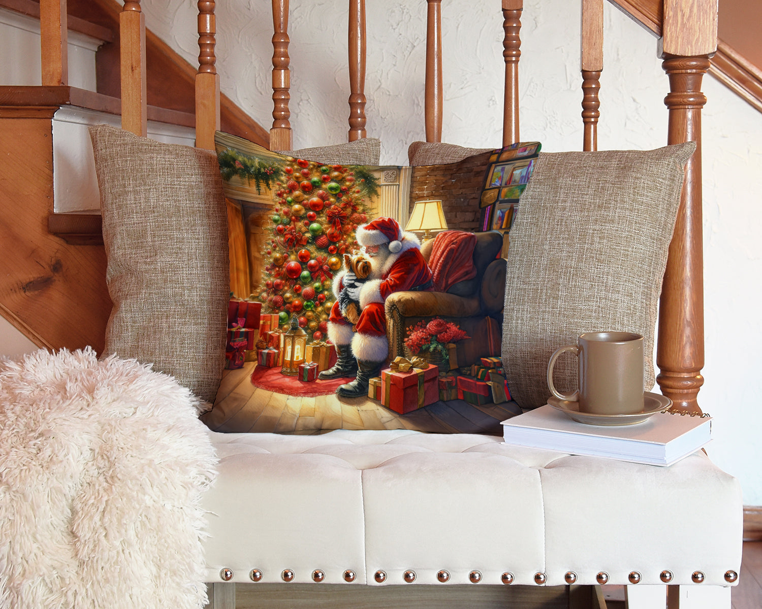 Yorkshire Terrier Yorkie and Santa Claus Throw Pillow-2