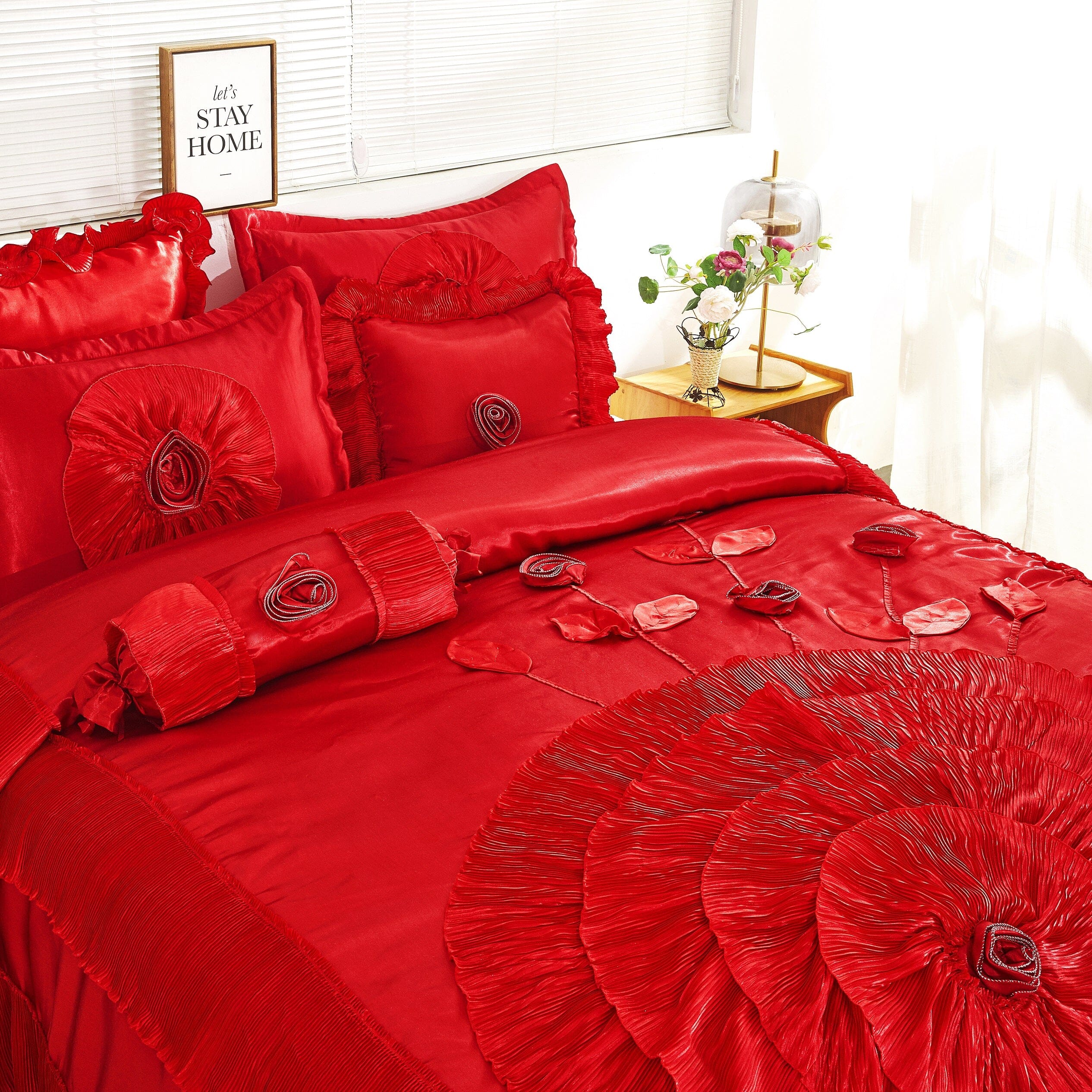 Tache Satin Ruffle Victorian Glam Romantic Red Rose Comforter Set (HY4174)-3