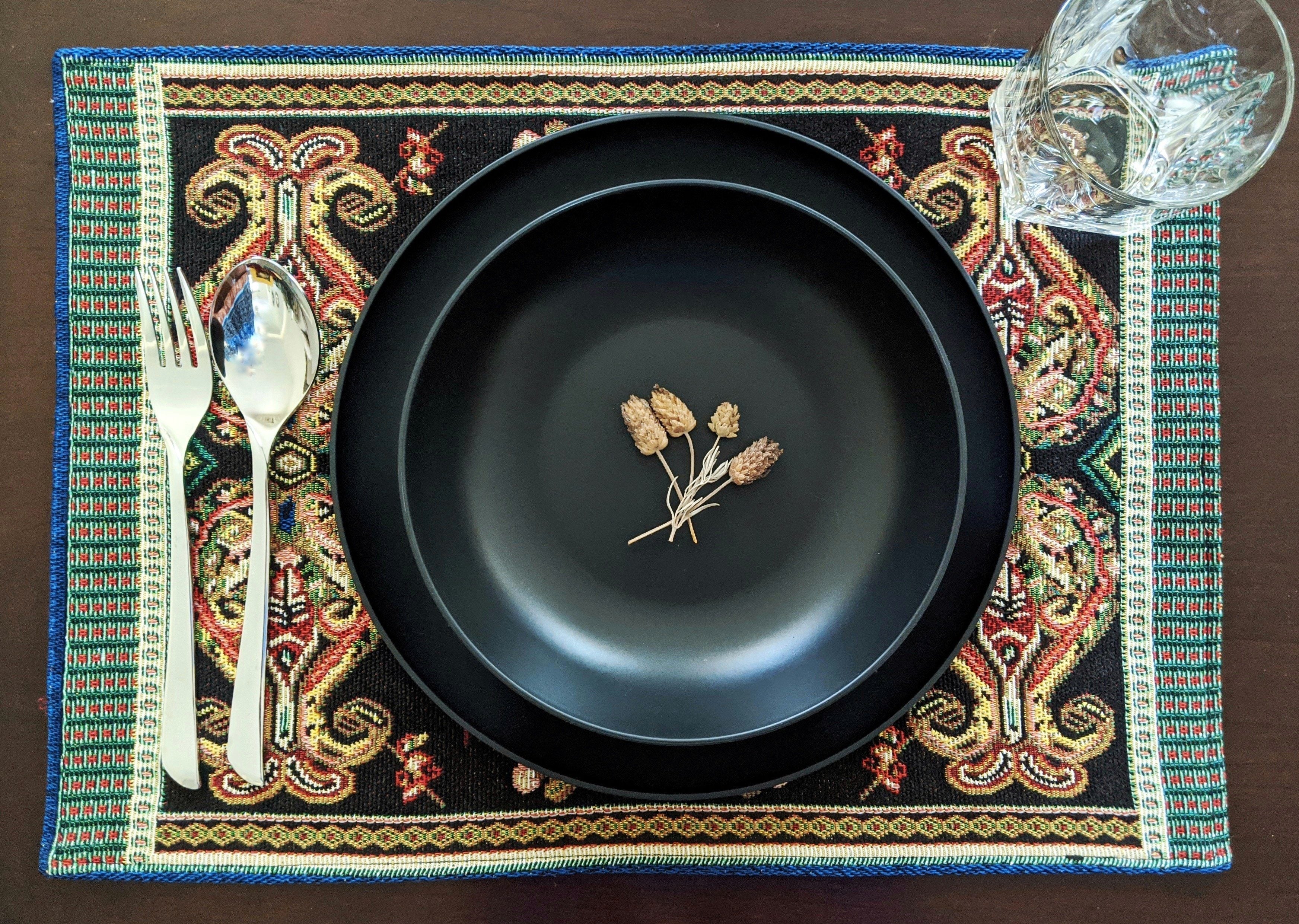 Tache Elegant Black Ornate Paisley Woven Tapestry Placemat Set (18192)-4