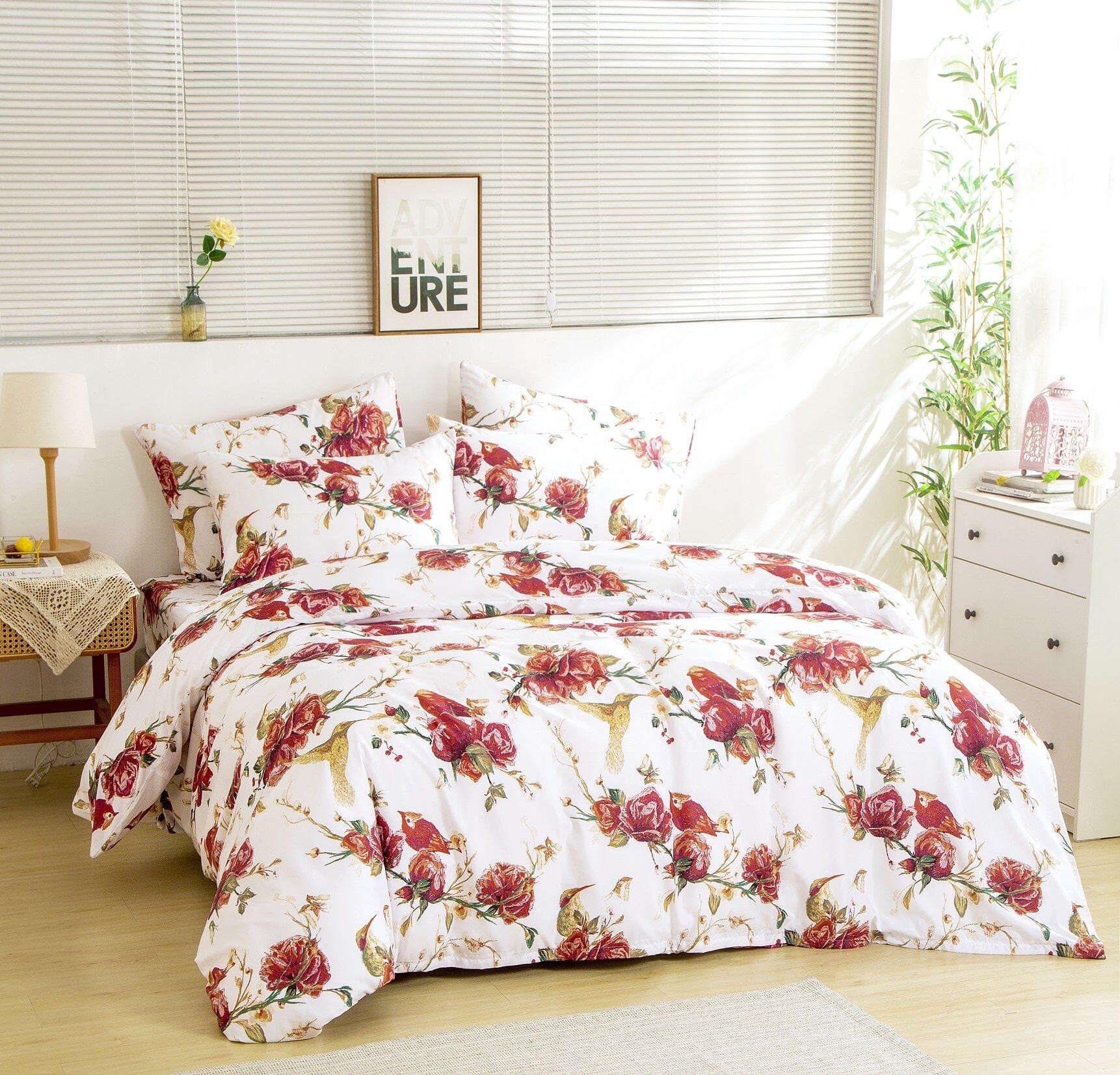 Tache Floral Hummingbirds Burgundy White Vintage Rose Garden Reversible Duvet Cover (SD-7676)-2