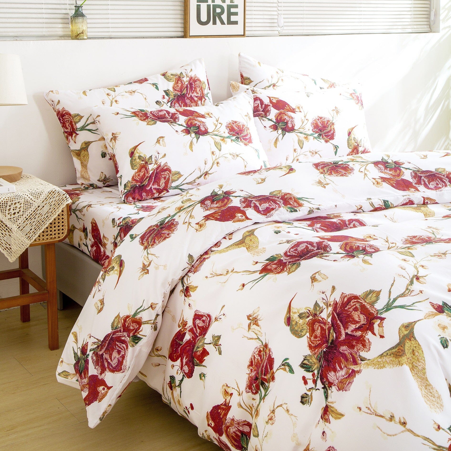 Tache Floral Hummingbirds Burgundy White Vintage Rose Garden Reversible Duvet Cover (SD-7676)-4