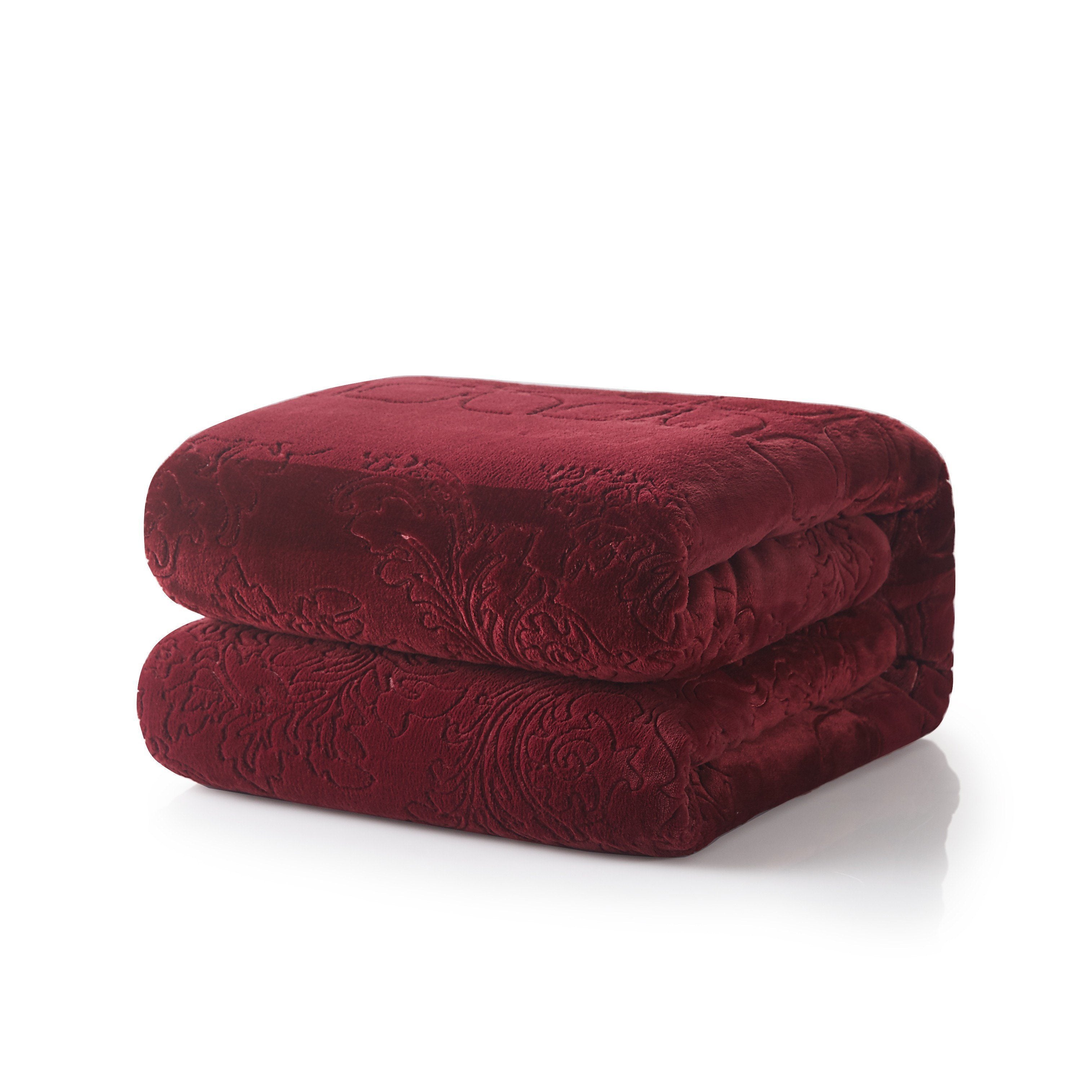Tache Solid Embossed Merlot Red Reversible Sherpa Throw Blanket (62087)-1