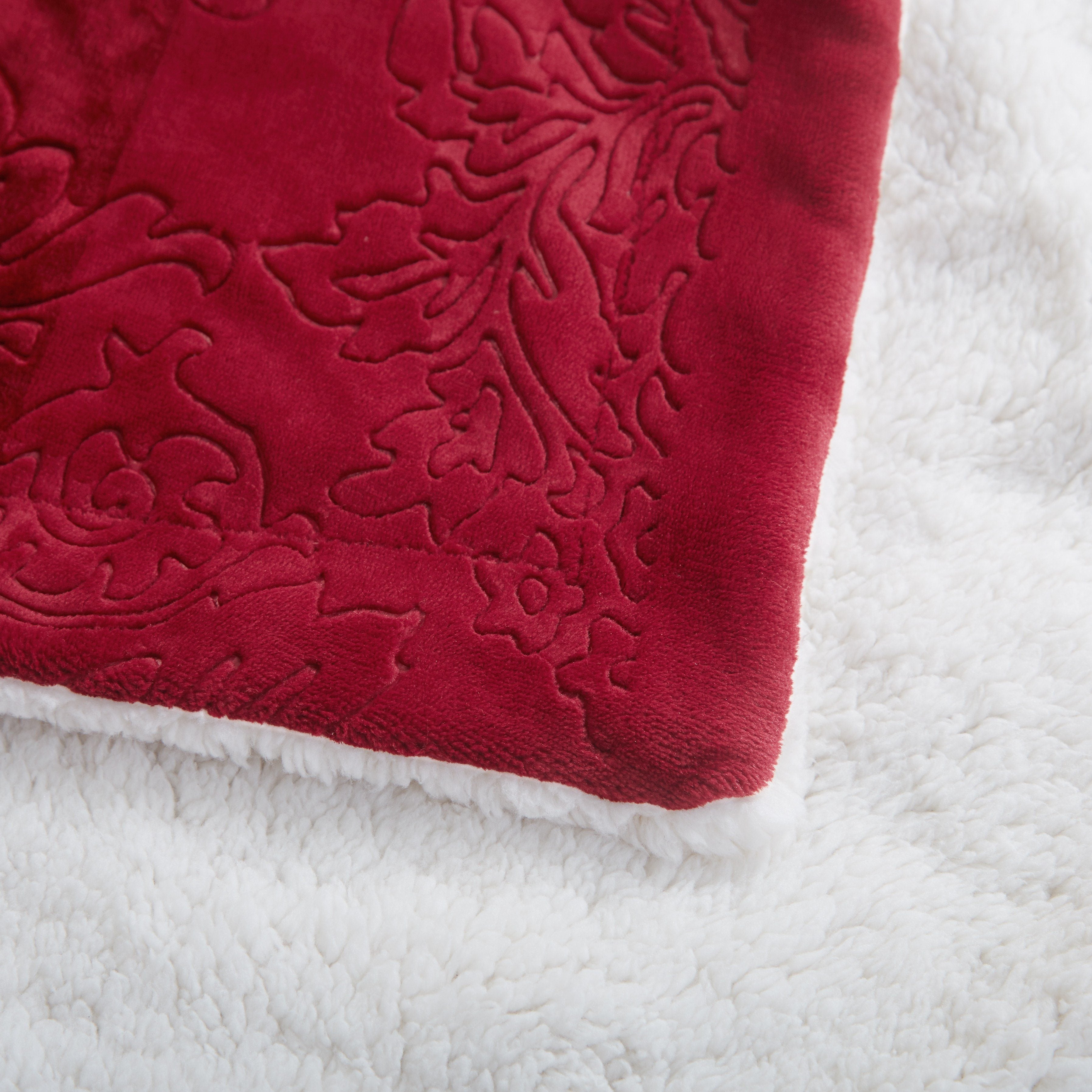 Tache Solid Embossed Merlot Red Reversible Sherpa Throw Blanket (62087)-3