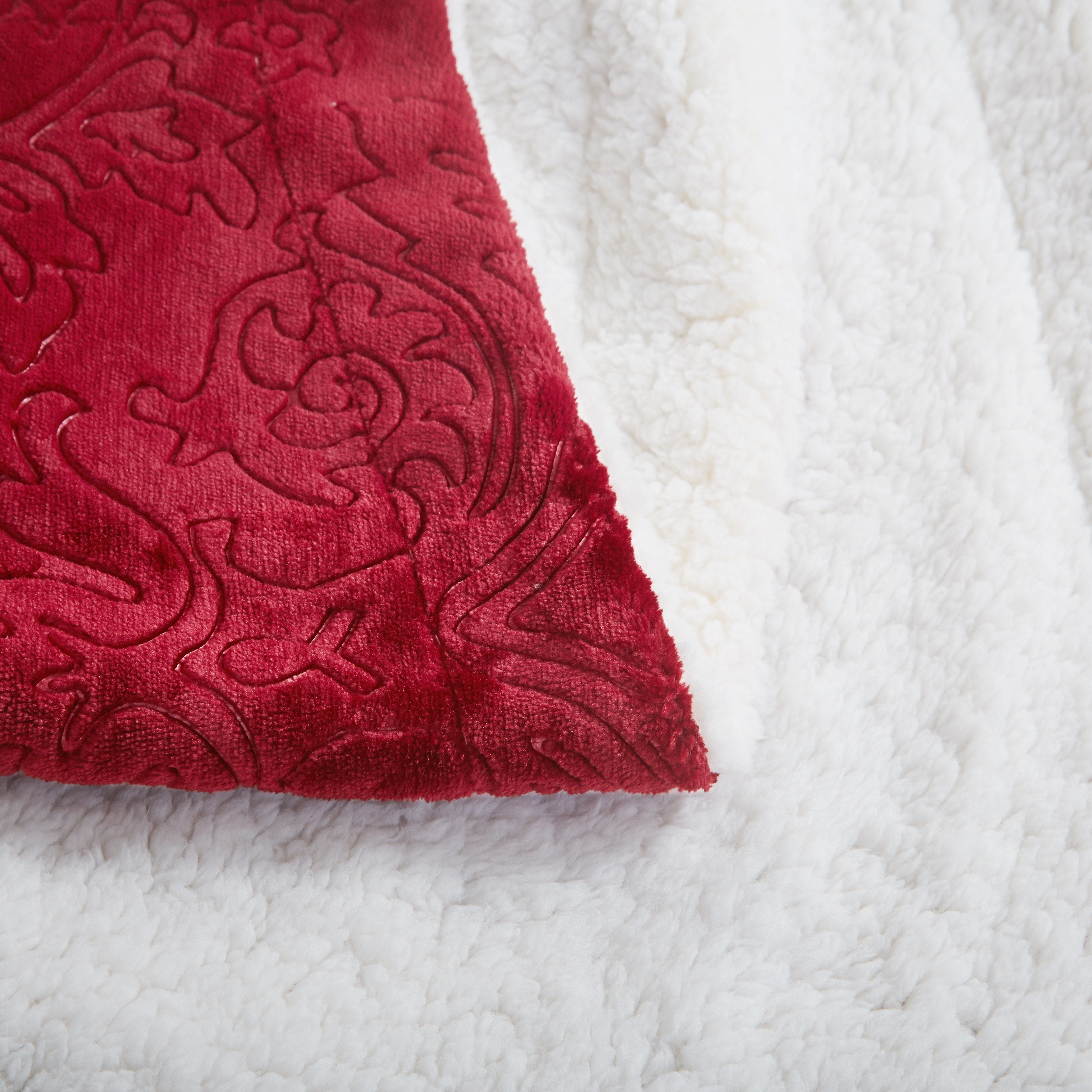 Tache Solid Embossed Merlot Red Reversible Sherpa Throw Blanket (62087)-4